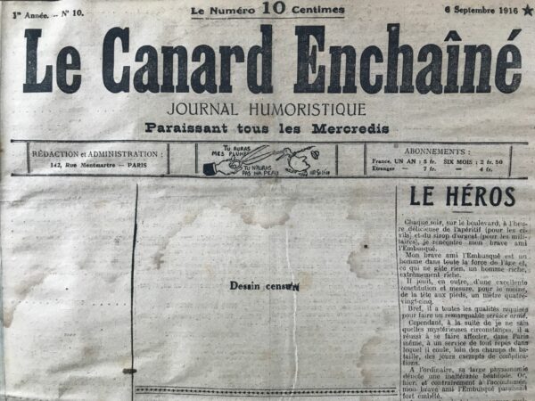 Couac ! | N° 10 du Canard Enchaîné - 6 Septembre 1916 | Nos Exemplaires du Canard Enchaîné sont archivés dans de bonnes conditions de conservation (obscurité, hygrométrie maitrisée et faible température), ce qui s'avère indispensable pour des journaux anciens. | 10 3