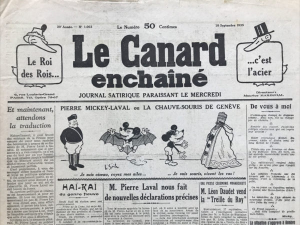 Couac ! | N° 1003 du Canard Enchaîné - 18 Septembre 1935 | "ADOUA-ADOUA VIA CAPORETTO" par Jean Galtier-Boissière - Dans cet article publié le 18 septembre 1935 dans **Le Canard Enchaîné**, Jean Galtier-Boissière offre une critique mordante des ambitions militaires italiennes, notamment à travers les actions et les déclarations de Filippo Tommaso Marinetti, le fondateur du futurisme, et du dictateur italien Benito Mussolini. Galtier-Boissière commence par évoquer Marinetti, connu pour son style flamboyant et ses manifestes explosifs. Marinetti, dans un récent manifeste, critique violemment l'Angleterre et ses coutumes, tout en interdisant aux Italiens toute sympathie pour les Anglais. Marinetti, fervent nationaliste et conférencier prodigieux, s'est toujours distingué par ses déclarations provocatrices et son rejet des traditions. Galtier-Boissière se souvient d'une conférence tumultueuse de Marinetti à Paris, où un surréaliste lui rappela l'humiliation de l'Italie à Caporetto pendant la Première Guerre mondiale. Caporetto fut une défaite retentissante pour l'armée italienne, marquée par une débandade générale et des exécutions sommaires ordonnées par le haut commandement pour tenter de stopper la débâcle. Cette défaite, selon Galtier-Boissière, a laissé une ombre sur l'armée italienne durant toute la guerre. Même après avoir capturé des Autrichiens désarmés à la fin de la guerre, l'Italie fut traitée comme une parente pauvre lors du partage du butin. Le ressentiment allié face à la performance italienne se refléta dans les négociations de paix. Mussolini, conscient de la nécessité de redorer le blason militaire de l'Italie, chercha une revanche non pas contre les puissances européennes, mais en Abyssinie (actuelle Éthiopie), rappelant la défaite italienne à Adoua en 1896. Le Duce espérait un triomphe facile contre des adversaires moins bien équipés pour consolider son régime fasciste. Galtier-Boissière termine sur une note satirique, exprimant l'espoir que les Italiens, malgré la propagande fasciste, restent réticents à se lancer dans des aventures militaires insensées. Il raconte une anecdote de la guerre en Tripolitaine, où des soldats napolitains, admirant la bravoure de leur officier, restent néanmoins prudemment dans leurs tranchées, illustrant la distance entre les discours héroïques et la réalité du front. L'article de Galtier-Boissière est une critique acerbe du militarisme et des ambitions impérialistes italiennes sous Mussolini, ainsi que des prétentions intellectuelles et artistiques de Marinetti. En soulignant les échecs passés et les absurdités des guerres contemporaines, il appelle à une prise de conscience et à une résistance face à la propagande belliciste. | 1003