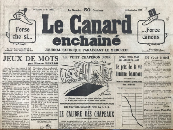 Couac ! | N° 1004 du Canard Enchaîné - 25 Septembre 1935 | "D'HITLER À DREYFUS" par Jean Galtier-Boissière - Dans cet article paru le 25 septembre 1935 dans **Le Canard Enchaîné**, Jean Galtier-Boissière examine les parallèles entre la montée de l'antisémitisme en Allemagne sous Hitler et l'affaire Dreyfus en France, tout en critiquant l'hypocrisie des nationalistes français de son époque. Galtier-Boissière commence par souligner l'indignation de la presse ultranationaliste française face aux lois antisémites du gouvernement hitlérien, interdisant les mariages entre juifs et "aryens". Il rappelle qu'il y a quarante ans, en France, des campagnes similaires étaient menées par des figures comme Drumont et Rochefort, prônant non seulement des restrictions matrimoniales mais aussi des violences physiques contre les juifs. Ces campagnes culminèrent dans des scènes de violence où des foules scandaient "Mort aux juifs!" dans les rues de Paris. Il fait un parallèle direct avec l'affaire Dreyfus, notant que les mêmes nationalistes qui condamnent aujourd'hui les persécutions nazies étaient ceux qui, en 1895, soutenaient les persécutions contre Alfred Dreyfus. Dreyfus, un capitaine juif de l'armée française, fut faussement accusé de trahison et condamné au bagne à vie. Les nationalistes de l'époque, comme Maurice Barrès, affirmaient que Dreyfus était coupable "parce que juif", indépendamment des preuves. Galtier-Boissière rappelle que Dreyfus fut finalement réhabilité, mais seulement après des années de lutte et de controverse. La récente mort de Dreyfus a ravivé l'intérêt pour cette affaire. De nombreuses personnalités comme Léon Blum et Victor Basch ont publié leurs souvenirs de cette période, soulignant l'injustice dont Dreyfus fut victime. L'article introduit ensuite une nouvelle thèse proposée par un érudit nommé Mazel. Mazel suggère que le fameux "bordereau" qui incrimina Dreyfus pourrait en réalité avoir été fabriqué par l'attaché militaire allemand Schwartzkoppen. Mazel propose que Schwartzkoppen, sachant que ses papiers étaient régulièrement volés, ait délibérément créé un faux document pour piéger les services de renseignement français. Cette théorie audacieuse mais plausible redonne une dimension intrigante à l'affaire Dreyfus. Galtier-Boissière conclut en remarquant l'ironie et la tragédie que l'une des affaires judiciaires et politiques les plus retentissantes de l'histoire contemporaine puisse avoir été déclenchée par une simple mystification, non avouée par son auteur. Cette perspective ajoute une note d'humour noir à une affaire qui divisa profondément la France et bouleversa l'opinion mondiale. Jean Galtier-Boissière utilise l'histoire pour critiquer l'hypocrisie des nationalistes contemporains et pour rappeler les dangers de l'antisémitisme. Son article met en lumière la continuité des préjugés et des persécutions, tout en soulignant les leçons que l'histoire pourrait nous apprendre si nous prêtons attention aux parallèles entre le passé et le présent. | 1004