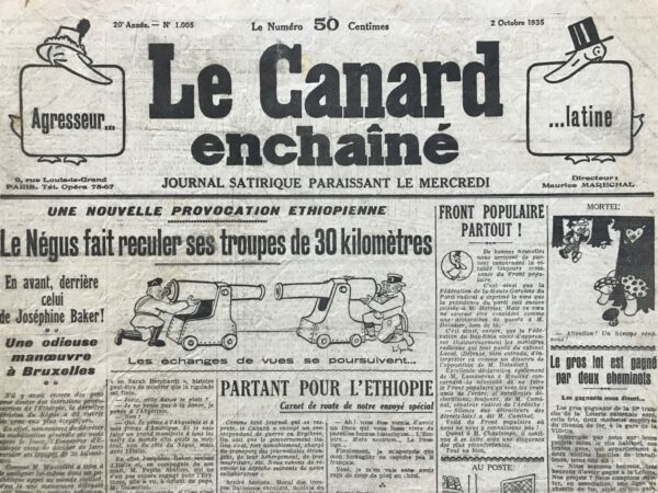 Couac ! | N° 1005 du Canard Enchaîné - 2 Octobre 1935 | BRAVO, MAURIAC ! Jean Galtier-Boissière félicite François Mauriac pour sa prise de position courageuse et émotive concernant le conflit italo-éthiopien. Galtier-Boissière commence par rappeler que François Mauriac est reconnu comme un grand romancier et un homme d'esprit, illustré par une anecdote où il avait répondu avec humour à une critique de son livre. Cependant, ce qui surprend Galtier-Boissière, c'est la prise de position courageuse de Mauriac sur un sujet politique sensible. Dans un article du **Figaro**, Mauriac s'exprime contre le racisme et l'injustice du conflit italo-éthiopien, ce qui est d'autant plus remarquable venant d'un écrivain catholique catalogué « de droite » et membre de l'Académie française. L'indignation de Mauriac a été déclenchée par une caricature de Sennep représentant le Négus, l'empereur éthiopien, dans une position dégradante, tenant un exemplaire de **L'Humanité**. Mauriac imagine le ressentiment que pourrait éprouver un jeune homme de couleur, surtout si un membre de sa famille avait combattu pour la France pendant la Première Guerre mondiale. Il critique sévèrement l'hypocrisie et le manque de tact des Français qui affichent un tel mépris envers les Noirs, malgré les sacrifices de ces derniers pour défendre la « civilisation latine ». Mauriac dénonce avec ironie le mépris des noirs et souligne l'absurdité de moquer les Éthiopiens qui se préparent à défendre leur pays contre une invasion. Il remarque avec amertume que les partis révolutionnaires ont compris l'importance de défendre des causes justes, contrairement aux chrétiens qui ont oublié ces valeurs fondamentales. Galtier-Boissière élargit la réflexion en évoquant l'histoire récente, soulignant que les réactionnaires ont souvent été du côté de l'injustice. Il rappelle que ce sont les mêmes forces réactionnaires qui ont tenté de maintenir Dreyfus au bagne et qui ont manœuvré pour empêcher la réconciliation entre les « ennemis héréditaires ». Selon Galtier-Boissière, les bien-pensants ont perdu leur autorité et leur crédit auprès des masses populaires en raison de leur égoïsme et de leur défense des intérêts financiers au détriment des idées généreuses. En conclusion, Galtier-Boissière salue François Mauriac pour son humanisme et son courage. Il exprime l'espoir que Mauriac continuera à défendre des causes justes, rejoignant peut-être des groupes plus progressistes et spirituels. Par son exemple, Mauriac rappelle l'importance de défendre les valeurs humaines fondamentales, indépendamment des affiliations politiques ou religieuses. Une fois n'est pas coutume, le Canard salue la position de Mauriac, un des très rares intellectuels de son milieu à condamner l'agression italienne de l’Éthiopie. Galtier-Boissière l'invite à désormais faire preuve de moins de naïveté et de conformisme par rapport à l'ordre établi mais se réjouit sincèrement de la position affichée de l'académicien chrétien. | 1005 1