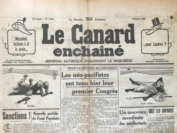 Couac ! | N° 1006 du Canard Enchaîné - 9 Octobre 1935 | SOUS LE SIGNE DU MENSONGE, par Jean Galtier-Boissière, dans **Le Canard Enchaîné** du 9 octobre 1935, exprime son dégoût profond pour le mensonge triomphant qui accompagne la guerre, se focalisant cette fois sur le conflit italo-éthiopien. Galtier-Boissière commence par souligner que ce qui le révolte le plus dans la guerre, ce n'est pas tant la violence et la mort, mais le mensonge qui l'accompagne. La guerre italo-éthiopienne, selon lui, est marquée dès le début par des mensonges éclatants. Il compare ces mensonges aux justifications trompeuses utilisées lors de la Première Guerre mondiale, telles que « la mobilisation n'est pas la guerre » du côté français ou les « avions fantômes de Nuremberg » du côté allemand. Il critique avec virulence les déclarations de Mussolini qui prétend que la guerre a été imposée à l'Italie par l'Éthiopie agressive. Galtier-Boissière trouve cette mauvaise foi fasciste si outrancière qu'elle en devient une caricature, évoquant la fable de La Fontaine « Le loup et l'agneau » pour illustrer l'absurdité de la situation. Galtier-Boissière dénonce aussi le recul éthiopien présenté comme une preuve de leurs intentions agressives. Il souligne l'incohérence et le cynisme de cette propagande, où même des gestes de prudence des Éthiopiens sont retournés contre eux comme des actes de guerre. L'auteur ironise sur le retour des vieilles histoires de guerre, comme les soldats affamés se rendant ou les prisonniers capturés avant le début des hostilités. Il prédit le retour des clichés de la Grande Guerre, tels que le mourant heureux de savoir la bataille gagnée ou le permissionnaire refusant sa permission pour combattre. Galtier-Boissière exprime son mépris pour certains intellectuels français, comme Henry Bordeaux et Henri Lavedan, qui soutiennent Mussolini malgré son hypocrisie et ses crimes. Il se moque particulièrement de Lavedan, qui a glorifié la violence de la guerre dans des termes quasi-poétiques. En conclusion, Galtier-Boissière exprime son désespoir face à la glorification du mensonge en temps de guerre. Il voit dans la propagande italienne un exemple extrême de la manière dont la vérité est déformée pour justifier l'injustifiable, et il condamne fermement ceux qui soutiennent cette manipulation au nom de l'idéologie ou du nationalisme. | 1006