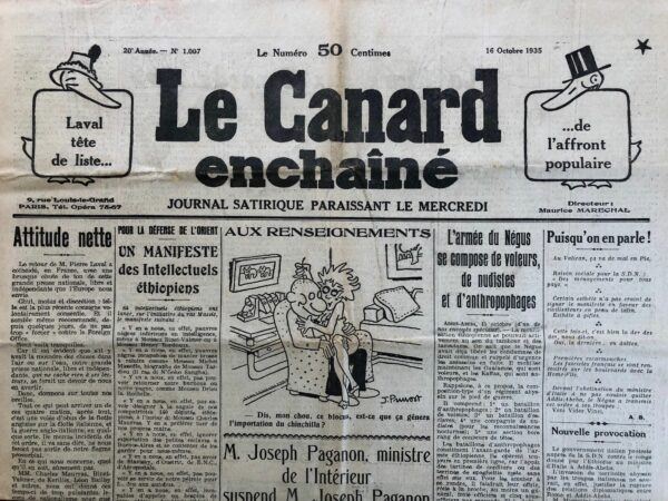 Couac ! | N° 1007 du Canard Enchaîné - 16 Octobre 1935 |  VIVE VERCINGÉTORIX ! Jean Galtier-Boissière, dans **Le Canard Enchaîné** du 16 octobre 1935, aborde la guerre italo-éthiopienne et le militarisme italien avec une critique acerbe de l'hypocrisie et de l'agression injustifiée de Mussolini. Galtier-Boissière commence en soulignant que la prépondérance du militarisme n'est pas un signe de force mais de faiblesse. Il cite Mussolini lui-même, qui en 1913 dans **L'Avanti**, dénonçait la célébration excessive de la guerre coloniale italienne en Tripolitaine comme un faux triomphe. L'article se transforme ensuite en une conversation imaginaire avec un Italien fervent partisan de Mussolini. Ce personnage défend les actions de l'Italie en Éthiopie en arguant que les Français et les Anglais ont utilisé des méthodes similaires lors de leurs propres conquêtes coloniales. Galtier-Boissière admet les atrocités commises par les Français et les Anglais lors de leurs expéditions coloniales, mais il oppose deux arguments principaux : 1. **Condamnation Universelle :** Il insiste sur le fait que les horreurs du passé ne justifient pas leur répétition par d'autres nations. Les atrocités coloniales ont été dénoncées par les gens de cœur même à l'époque. 2. **Nouvel Ordre International :** Il rappelle qu'après la Première Guerre mondiale et ses dix millions de morts, la Société des Nations (SDN) a été créée pour régler pacifiquement les différends internationaux. L'Italie, membre de la S.D.N., avait recommandé l'adhésion de l'Éthiopie à cette organisation. Face à l'accusation que la SDN n'a pas toujours agi contre les conflits, Galtier-Boissière concède que la SDN a parfois failli. Cependant, il soutient que dans ce cas précis, la condamnation de l'Italie était justifiée par l'agression préméditée contre l'Éthiopie. Le dialogue aborde ensuite le soutien de certains journaux français à la cause italienne, que Galtier-Boissière attribue à une divergence entre l'opinion des grands journaux et le sentiment général de la population française. Il affirme que l'opinion publique française est instinctivement du côté du faible contre le fort, et pour la justice contre l'iniquité. L'article se termine sur une note ironique, avec le personnage italien proclamant "Vive Vercingétorix !", ce qui symbolise une tentative de détourner la critique avec un appel à une gloire historique française, tout en révélant la déconnexion entre la propagande italienne et la réalité perçue par le peuple français. Galtier-Boissière utilise cette conversation fictive pour démontrer l'hypocrisie du régime de Mussolini et pour souligner que les leçons de l'histoire et les efforts pour maintenir la paix ne doivent pas être ignorés ou détournés par des justifications fallacieuses et des propagandes nationalistes. | 1007 1