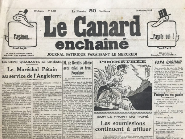 Couac ! | N° 1009 du Canard Enchaîné - 30 Octobre 1935 |  LES NOUVEAUX PACIFISTES - Dans son article **"Les Nouveaux Pacifistes"**, publié dans **Le Canard Enchaîné** le 30 octobre 1935, Jean Galtier-Boissière critique vivement l'hypocrisie des nationalistes français de l'époque, qui se transforment en pacifistes opportunistes pour soutenir l'Italie fasciste contre les sanctions internationales. Cette critique se fait dans le contexte de la guerre italo-éthiopienne et des tensions croissantes en Europe. Galtier-Boissière commence par souligner la division de l'opinion publique française, semblable à celle de l'affaire Dreyfus. Il décrit comment le Duce est hué dans les cinémas populaires, tandis que dans les salles plus luxueuses, les spectateurs sifflent M. Eden. Il évoque une société française fracturée, où la violence est redevenue courante, avec des groupuscules nationalistes prêts à l'affrontement. Il établit un parallèle avec les tactiques des généraux de l'affaire Dreyfus, qui utilisaient la peur d'une guerre avec l'Allemagne pour dissuader le public de chercher la vérité. De la même manière, les nationalistes actuels utilisent la peur pour dissuader l'application de sanctions contre l'Italie, prétendant que cela mènerait inévitablement à une guerre. Galtier-Boissière dénonce l'hypocrisie des nationalistes, qui, autrefois fervents bellicistes, se drapent maintenant dans le pacifisme pour protéger Mussolini. Il se moque des officiers de réserve qui se disent prêts à combattre, mais seulement contre des ennemis de leur choix, illustrant ainsi la confusion et l'incohérence dans les rangs des nationalistes. Il réfute l'idée que des sanctions contre l'Italie entraîneraient une guerre mondiale, en soulignant que ni l'Italie ni l'Allemagne ne sont en position de déclarer une guerre à grande échelle. L'Italie est embourbée en Éthiopie, et l'Allemagne cherche à améliorer ses relations avec l'Angleterre, critiquant même les actions italiennes en Abyssinie. Galtier-Boissière révèle que le soutien des nationalistes français à l'Italie fasciste est motivé par des intérêts politiques internes. Ils craignent que la chute de Mussolini ne désillusionne leurs propres partisans et compromette leurs ambitions politiques en France. Il conclut en rappelant que ces mêmes nationalistes, il y a vingt ans, n'étaient pas si soucieux des vies françaises lorsqu'ils envoyaient des jeunes combattre pour les intérêts d'un autocrate russe. Leur pacifisme actuel n'est donc qu'une façade opportuniste. Jean Galtier-Boissière utilise ce texte pour dénoncer l'hypocrisie et l'opportunisme des nationalistes français, qui changent de discours en fonction de leurs intérêts politiques. Il met en lumière la manipulation par la peur et le double discours de ceux qui se prétendent pacifistes aujourd'hui alors qu'ils étaient bellicistes hier, montrant ainsi la constance de leur opportunisme et leur manque de principes. | 1009