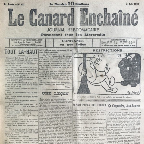 Couac ! | N° 101 du Canard Enchaîné - 5 Juin 1918 | Ca t'apprendra Jean-Baptiste, par Henri Béraud - Jean-Baptiste Baretteau condamné à 15 jours de prison par la justice, pour avoir trouvé effrayant les dégâts causés par un obus ennemi...l'aurait sans doute aussi été s'il avait trouvé ce spectacle admirable... | 101