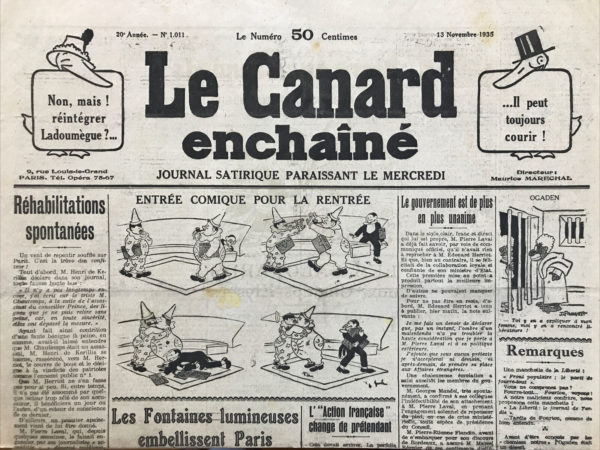 Couac ! | N° 1011 du Canard Enchaîné - 13 Novembre 1935 |  La Justice Égale Pour Tous - Dans cet article publié le 13 novembre 1935 dans Le Canard Enchaîné, Jean Galtier-Boissière explore la thématique de la justice biaisée et inégale en France, mettant en lumière l'hypocrisie et les doubles standards du système judiciaire républicain. Galtier-Boissière commence par évoquer la proposition controversée de Charles Maurras, un célèbre royaliste, qui a suggéré que, pour éviter une nouvelle guerre, il désignerait 140 responsables à exécuter en cas de conflit. Ces cibles étant principalement des représentants du peuple, Maurras n'a pas été inquiété par la justice. En contraste, l'auteur rappelle que l'extrême-gauche avait proposé une idée similaire, visant cette fois les magnats de l'industrie et les profiteurs de guerre, mais ces propositions avaient rencontré une réaction judiciaire sévère. Pour illustrer cette injustice, Galtier-Boissière cite le cas de M. Bonis et de l'écrivain M. Loréal, condamnés respectivement à huit mois et un an de prison pour avoir suggéré de désigner à l'avance des responsables en cas de guerre. Leur peine contraste fortement avec l'indulgence accordée à Maurras. L'auteur compare ensuite deux affaires emblématiques : Alain de la Rochefordière, qui, après avoir craché au visage d'un président du Conseil, voit sa peine réduite à quatre mois en raison de ses affinités monarchistes. Gérard Leretour, qui, en détériorant la statue de Paul Déroulède pour attirer l'attention sur l'injustice subie par un camarade, est condamné à cinq ans de prison, illustrant la sévérité disproportionnée envers les opposants politiques. Galtier-Boissière critique également les nouvelles lois restreignant la liberté de la presse, prévoyant une censure accrue. Il cite l'exemple d'un polémiste d'extrême-gauche condamné à deux ans de prison pour des propos controversés, contrastant avec la relative liberté des journalistes alignés avec le gouvernement. L'article se termine par une référence aux questions posées par le journaliste Roger Mennevée concernant la richesse de Pierre Laval, une figure politique influente. Mennevée demande des éclaircissements sur l'origine de la fortune de Laval, insinuant des gains douteux durant et après la Première Guerre mondiale. Jean Galtier-Boissière utilise ces exemples pour dénoncer les injustices et les disparités du système judiciaire français, soulignant comment les décisions judiciaires peuvent être influencées par les affiliations politiques et les intérêts de l'élite. L'article critique la partialité de la justice républicaine et appelle à une plus grande équité et transparence. | 1011