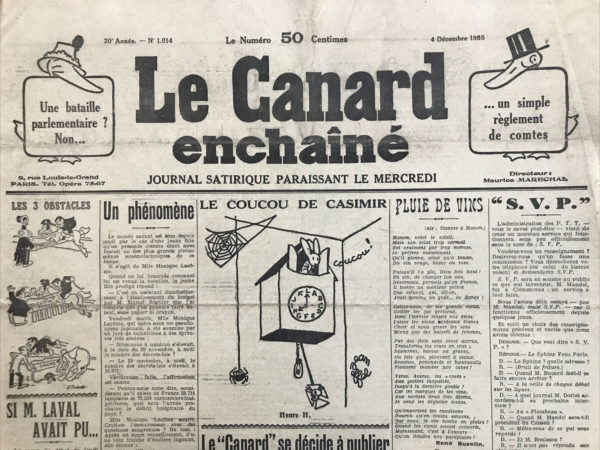 Couac ! | N° 1014 du Canard Enchaîné - 4 Décembre 1935 | Petit Tour d'Horizon-  par Jean Galtier-Boissière Une France Fragmentée Jean Galtier-Boissière ouvre son analyse en comparant la France de 1935 à celle de l'affaire Dreyfus, soulignant une division en trois parts : les ligues, le Front populaire, et le « marais » traditionnel, auquel appartiennent les radicaux suivant Édouard Herriot. Cette fragmentation est encore plus marquée en politique extérieure. L'Affaire Éthiopienne L'agression fasciste contre l'Éthiopie divise la France. La gauche condamne l'Italie pour son reniement de la Société des Nations, tandis que la droite soutient Mussolini et critique l'Angleterre pour vouloir appliquer les principes de sécurité collective. Certains nationalistes, cependant, reconnaissent la maladresse de Mussolini et anticipent sa chute. Ambiguïté Allemande Les nationalistes avaient anticipé un soutien allemand à l'Italie, mais les Allemands, désireux d'améliorer leurs relations avec la France, multiplient les avances. Le Français moyen souhaite écarter la menace allemande, bien que les partis de gauche restent sceptiques, préférant une entente avec une Allemagne républicaine plutôt qu'avec le régime d'Hitler. Les Réactions Contradictoires Les réacs se divisent : certains veulent encercler l'Allemagne en s'alliant aux Soviets, tandis que d'autres, effrayés par le bolchevisme, seraient prêts à s'allier avec Hitler. Cette confusion se reflète dans les déclarations contradictoires de l'État-major, des prêtres, et des pacifistes. Propagande et Réalité Les gouvernements étrangers, notamment Mussolini, exploitent cette division. Les fascistes italiens tentent de manipuler l'opinion française en associant les sanctions à la guerre. Cependant, cette stratégie commence à échouer. Le public réalise que la grande presse, influencée par des intérêts pétroliers, le trompe en minimisant l'impact des sanctions. Contrairement aux prédictions, l'Angleterre et même les États-Unis se montrent favorables aux sanctions contre l'Italie. Financement Italien et Évolution de la Presse Les fonds de propagande italiens, autrefois abondants, s'épuisent, et la lire est dévaluée. Face à une baisse des ventes, certains journaux pourraient amorcer un revirement pour rester en phase avec l'opinion publique. La grande presse pourrait bientôt changer de ton, surtout si les revers italiens se confirment, abandonnant leur soutien à Mussolini pour conserver leur lectorat. Jean Galtier-Boissière peint un tableau complexe de la France en 1935, marquée par des divisions profondes et une opinion publique en évolution. La politique étrangère, influencée par des alliances changeantes et des manipulations médiatiques, reste une source de débat intense. Le journaliste anticipe une possible réorientation de la grande presse en réponse aux réalités économiques et politiques, et à une opinion publique de plus en plus critique. | 1014