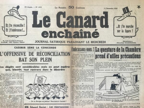 Couac ! | N° 1015 du Canard Enchaîné - 11 Décembre 1935 | Prix Littéraires - Jean Galtier-Boissière raconte une expérience révélatrice lorsqu'il fut membre d'un jury de prix littéraire, offrant une perspective cynique sur les coulisses des prix littéraires. Lors de cette occasion, un autre membre du jury demanda explicitement à Galtier-Boissière de voter pour le roman de sa femme, ce qui provoqua son indignation. Cette proposition, bien qu'éthiquement douteuse, ne surprit pas les autres membres du jury, qui étaient prêts à couronner l'œuvre médiocre par camaraderie et par solidarité envers l'écrivain en difficulté financière. Galtier-Boissière et un jeune écrivain révoltés réussirent à faire reporter l'attribution du prix, car les manuscrits soumis étaient de qualité insuffisante. Un journaliste spirituel fit remarquer qu'il fallait toujours savoir à l'avance à qui serait décerné le prix, une stratégie qui fut adoptée l'année suivante en commandant un roman à un jeune écrivain méritant, avec une promesse de couronnement. Cependant, des membres du jury décidèrent de soutenir un autre candidat à la dernière minute. Après plusieurs tours de scrutin et des politesses feintes, l'écrivain initialement promis au prix l'emporta. Galtier-Boissière décrit avec ironie la fausse camaraderie des membres du jury et le lauréat se voyant promettre un acompte au lieu des dix mille francs promis. Galtier-Boissière évoque une mésaventure avec l'Académie Goncourt, qui le poursuivit en justice pour avoir relayé une critique interne. Le procès se termina en rire, avec les plaignants condamnés aux dépens. Il déplore certaines erreurs de jugement des Goncourt, qui avaient ignoré des auteurs de talent comme Mac-Orlan et Céline, au profit de candidats moins méritants. Pour récompenser l'intégrité et le talent littéraire, Galtier-Boissière propose de couronner Paul Léautaud, un écrivain peu connu du grand public mais respecté pour son indépendance d'esprit et la pureté de son style. Léautaud, critique du Mercure de France, se distinguait par sa franchise, refusant les faux-semblants et les flatteries courantes dans le milieu littéraire. Jean Galtier-Boissière offre une critique acérée et humoristique du système des prix littéraires, dénonçant les manœuvres et les favoritismes qui en ternissent l'intégrité. Il plaide pour la reconnaissance des écrivains authentiques et indépendants, bien que conscient que ceux-ci, à l'image de Paul Léautaud, pourraient refuser une telle consécration. | 1015