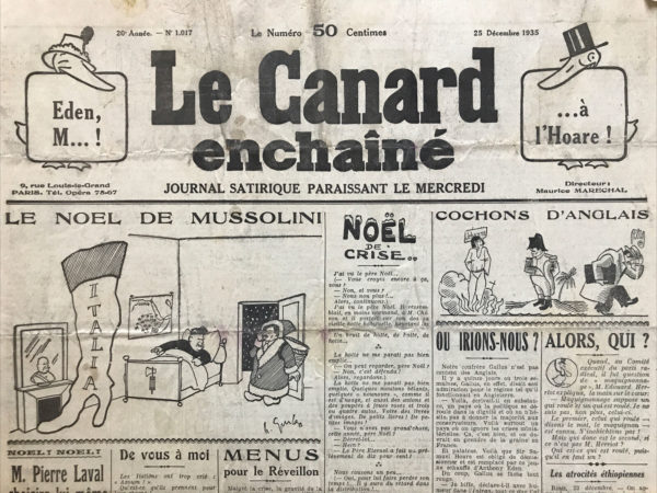 Couac ! | N° 1017 du Canard Enchaîné - 25 Décembre 1935 | Colonisation - Jean Galtier-Boissière, dans son article "Colonisation," utilise les "Souvenirs sur la colonisation" de Félicien Challaye pour critiquer sévèrement les pratiques coloniales européennes, particulièrement françaises. Le contexte de l'agression italienne contre l'Éthiopie rend cette critique particulièrement pertinente. Félicien Challaye, pacifiste et érudit, partage dans ses "Souvenirs sur la colonisation" des observations basées sur ses voyages à travers les colonies françaises et étrangères. Son ouvrage, basé sur des décennies d’observations, est une critique détaillée des méthodes et des impacts de la colonisation. Challaye démontre que la colonisation, présentée comme une mission civilisatrice, n'est en réalité qu'un régime d'oppression politique et d'exploitation économique. Il s’appuie sur ses expériences, notamment aux côtés de l'explorateur Savorgnan de Brazza en Afrique Équatoriale Française (A.E.F.), pour illustrer les atrocités et les injustices perpétrées par les sociétés concessionnaires. Ces entreprises, autorisées par les gouvernements coloniaux, ont infligé des exactions et des tortures aux populations locales, réduisant des régions entières à la ruine et à la dépopulation. Challaye critique sévèrement l'exploitation des indigènes, qui étaient souvent forcés de travailler pour des salaires de misère et échangés des matières premières comme le caoutchouc contre des biens surévalués. Il dénonce également les massacres perpétrés par des figures comme Toqué et l'impunité garantie par la haute administration coloniale, qui préférait protéger ses agents corrompus plutôt que de punir les abus. Il expose la duplicité des sociétés coloniales qui vendaient des armes aux indigènes qu’elles exploitaient, ce qui conduisait à des révoltes sanglantes contre les forces coloniales elles-mêmes. Galtier-Boissière reprend les critiques de Challaye contre les transactions douteuses impliquant des personnalités comme André Tardieu, accusé d’utiliser des méthodes peu scrupuleuses pour enrichir les compagnies coloniales au détriment de l'intégrité nationale. Il souligne les effets désastreux des privilèges accordés aux compagnies concessionnaires, dont la gestion catastrophique a conduit à la dépopulation et à la misère dans les colonies. Le projet Laval-Hoare, visant à diviser l'Éthiopie au profit de l'Italie fasciste, est particulièrement critiqué. Ce projet aurait instauré un régime de compagnies à charte, similaire à celui qui a ruiné le Congo français, en réduisant une partie du peuple éthiopien en esclavage pour le bénéfice des capitalistes italiens et internationaux. Heureusement, cette proposition a échoué grâce à la résistance de l'opinion publique britannique. Galtier-Boissière fait le parallèle entre les pratiques coloniales et l'invasion italienne de l'Éthiopie, qu'il considère comme une continuation des mêmes méthodes brutales et exploitantes. Il exprime son optimisme quant à la résistance éthiopienne, faisant le pari que l'armée italienne ne parviendra pas à conquérir Addis-Abeba avant Noël 1935 et que les Éthiopiens finiront par capturer un grand nombre de soldats italiens, forçant l'Italie à implorer la paix, comme en 1896 après la défaite d'Adoua. Jean Galtier-Boissière utilise l'exemple des souvenirs de Félicien Challaye pour dénoncer l'hypocrisie et la brutalité des pratiques coloniales européennes. Il montre que la colonisation, loin d'être une mission civilisatrice, est un régime d'exploitation et d'oppression qui cause des souffrances immenses aux peuples colonisés. Sa critique se double d'une condamnation des événements contemporains en Éthiopie, où les mêmes dynamiques d'injustice et de violence se répètent sous une nouvelle forme. | 1017