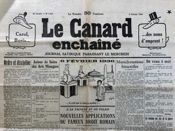 Couac ! | N° 1023 du Canard Enchaîné - 5 Février 1936 | Le Cas de M. Jèze - Jean Galtier-Boissière analyse dans cet article publié le **5 février 1936** dans **Le Canard Enchaîné** les attaques contre le professeur **M. Jèze** par les étudiants royalistes et fascistes, en les plaçant dans un contexte plus large de conflits idéologiques et politiques en France. M. Jèze, bien que critiqué par la gauche pour ses nombreux cumuls de fonctions et son association avec des sociétés financières, se retrouve sous le feu des critiques des étudiants de droite pour des raisons différentes. Les étudiants d'extrême droite, malgré leur habituelle tolérance pour les pratiques capitalistes, lui reprochent ses cumuls et prébendes. Cependant, le véritable motif de l'hostilité des étudiants royalistes et fascistes contre M. Jèze est son soutien juridique au Négus d'Éthiopie à la Société des Nations. En prenant la défense de l'Éthiopie contre l'agression italienne, M. Jèze s'oppose directement à Mussolini, ce qui lui vaut la haine des partisans français du dictateur italien. Galtier-Boissière argue que les républicains doivent défendre M. Jèze, non pour ses opinions personnelles ou ses actions passées, mais pour le principe de liberté et de justice qu'il représente en soutenant l'Éthiopie. Il rappelle des exemples historiques de soutien français à l'Éthiopie, comme l'aide de l'Éthiopie à la France après la défaite de 1870 et le sacrifice de nombreux soldats africains pour la France durant la Première Guerre mondiale. Galtier-Boissière expose que les attaques contre M. Jèze sont en réalité un prétexte pour fomenter des troubles similaires à ceux du 6 février 1934, orchestrés par les ligues d'extrême droite. Il cite M. Jacques Bainville, de **L'Action française**, qui dévoile cyniquement l'objectif de ces agitations : recréer une atmosphère de révolte. Il met en lumière la complicité passée de la grande presse dans la montée des troubles de 1934, grâce à une couverture sensationnaliste et partiale. Toutefois, il note un changement récent : la chute de tirage des grands quotidiens matinaux en raison d'une réaction publique contre leur "bourrage de crâne". Cette chute, selon lui, pousse les journaux à revenir à une information plus neutre, ce qui diminue la capacité des extrémistes de droite à manipuler l'opinion publique. Galtier-Boissière conclut en soulignant que la situation actuelle n'est plus propice aux manipulations des extrémistes de droite. La grande presse, craignant pour sa survie économique, est moins encline à soutenir des agitations violentes. Ainsi, les tentatives de Bainville et des autres extrémistes pour inciter à de nouveaux troubles sont vouées à l'échec. En somme, **Jean Galtier-Boissière** défend M. Jèze en tant que symbole de la lutte pour la justice et la liberté contre l'oppression fasciste, tout en critiquant les manipulations politiques et médiatiques des extrémistes de droite en France. | 1023 1