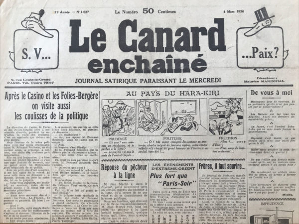 Couac ! | N° 1027 du Canard Enchaîné - 4 Mars 1936 | De « Monsieur » Willy à Toto, Roi du Bled - Dans cet article, Jean Galtier-Boissière critique les mémoires de Colette, **Mes apprentissages**, pour leur traitement sévère de son premier mari, Willy, et loue le livre **Soldats** de Maurice Fombeure pour son humour mordant sur la vie militaire. Colette dépeint son premier mari, Willy (Henri Gauthier-Villars), comme un homme de lettres prolifique qui ne signait que des œuvres écrites par d'autres, souffrant de la "crampe de l'écrivain". Bien que Willy ait été un esprit brillant et un homme cultivé, il préférait déléguer l’écriture à d'autres, y compris Colette elle-même. Malgré ses talents, il finit sa vie dans la pauvreté et l’isolement après avoir été abandonné par sa femme et renié par sa famille. Galtier-Boissière critique Colette pour son manque de compassion et de reconnaissance envers Willy, qui a joué un rôle crucial dans sa carrière littéraire. Il exprime son désarroi face à la manière vindicative dont Colette se réjouit de la déchéance de Willy, estimant que cette rancune exposée dans ses mémoires est cruelle et déplacée. Pour se détourner de cette sombre peinture, Galtier-Boissière se tourne vers un livre plus léger et satirique : **Soldats** de Maurice Fombeure. Ce livre, peu mentionné par les critiques, lui rappelle avec joie la littérature militaire humoristique de son passé, comparable aux œuvres de Courteline. Fombeure, ayant servi dans un régiment colonial et été élève officier, offre une série de portraits hilarants et incisifs de la vie militaire. Son livre est rempli d’anecdotes et de caricatures de ses camarades et supérieurs, capturant avec une verve ironique les absurdités et les rigueurs de la vie casernière. Un personnage particulièrement notable dans **Soldats** est Toto, surnommé « le Roi du Bled ». Toto est dépeint comme un sous-officier alcoolique, connu pour ses vantardises guerrières et ses aventures amoureuses douteuses. Le capitaine en Syrie a laissé un commentaire mémorable sur lui : « Boit comme un chameau, mais ne rend pas les mêmes services ! » Galtier-Boissière partage des passages savoureux du livre, notamment un dialogue comique entre un soldat et un adjudant, ainsi qu’une rencontre humoristique entre un permissionnaire insolent et un général commandant de corps d’armée. Ces scènes révèlent la stupidité des règlements militaires et la maladresse des gradés, décrites avec une gaieté moqueuse et un langage cru. Jean Galtier-Boissière propose un contraste saisissant entre la cruauté ressentie dans les mémoires de Colette et l'humour léger et mordant trouvé dans **Soldats** de Maurice Fombeure. Il critique la première pour son manque de pitié et célèbre le second pour sa capacité à apporter de la légèreté et de la critique sociale à travers l’humour. | 1027