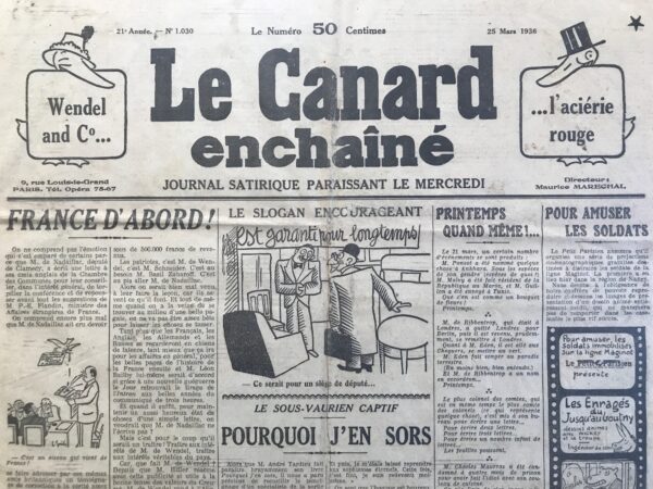 Couac ! | N° 1030 du Canard Enchaîné - 25 Mars 1936 | Cochons Tristes - Dans l'édition du 25 mars 1936, Jean Galtier-Boissière offre une critique acerbe du Salon des Humoristes, le trouvant désespérément dépassé et décevant. Le contexte politique tendu de l'époque, marqué par les actions d'Hitler et les réactions militaristes en France, a relégué les arts humoristiques au second plan. Les événements récents ont capté toute l'attention, mettant en lumière la gravité de la situation internationale par rapport à l'humour trivial du salon. Galtier-Boissière se moque des tentatives désespérées du Salon des Humoristes d'attirer l'attention. Un tableau controversé représentant un collectionneur en jésuite avait été décroché sous prétexte de censure policière, mais rapidement remis en place lorsque ce prétendu veto fut démenti. Plus tard, en réponse au danger hitlérien, certains dessinateurs de droite décidèrent de retirer leurs caricatures irrévérencieuses du président du Conseil, montrant leur alignement avec l'idée d'Union sacrée. L'auteur critique sévèrement le manque de talent et de pertinence des artistes présents. Il déplore l'absence de grands noms de l'humour contemporain comme Gus Bofa, Chas-Laborde, Jean Cocteau, et autres. Il reconnaît le talent de certains caricaturistes de droite comme Sennep mais critique l'omission des figures de gauche comme Gassier et Bécan, ce qui montre un manque de diversité et d'équilibre. Galtier-Boissière rappelle que beaucoup de ces "artistes" ont prospéré en exploitant la pornographie patriotique pendant et après la guerre, représentant des scènes de séduction triviales et patriotiques. Il critique cette esthétique démodée qui ne correspond plus à l'époque actuelle, marquée par les horreurs potentielles de la guerre chimique et bactériologique. Il affirme que l'humour d'antan ne fonctionne plus dans le contexte actuel. Les dessinateurs continuent à produire des œuvres désuètes, ignorant les besoins d'une satire plus mordante et pertinente. L'auteur appelle à un renouvellement de l'humour pour qu'il soit à la hauteur des enjeux contemporains, marqués par la crise économique et les menaces de guerre. En conclusion, Jean Galtier-Boissière peint un tableau sombre du Salon des Humoristes, qu'il voit comme une institution moribonde incapable de s'adapter aux réalités actuelles. Il appelle à une renaissance de l'humour et de la satire, nécessaire pour naviguer dans une époque de crise et de tensions internationales. | 1030 2