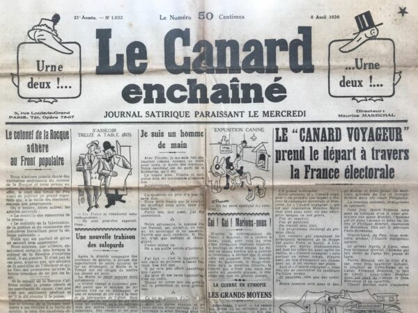 Couac ! | N° 1032 du Canard Enchaîné - 8 Avril 1936 | Un peu d'histoire : Tradition de la trahison - Jean Galtier-Boissière, dans cet article du 8 avril 1936, explore la tradition historique de la trahison parmi les ultras et les aristocrates français, soulignant leur penchant constant à privilégier les gouvernements étrangers plutôt que leur propre pays. Avec la Révolution française, les aristocrates français, dépouillés de leurs privilèges, ont rapidement émigré, sollicitant l'aide de monarques étrangers pour rétablir leurs droits féodaux. Les émigrés, au nombre de 22 000 en 1791, incluaient des figures nobles bien connues comme les d'Andlau, de Beaumont, de Rohan, et autres, qui se battaient aux côtés des armées étrangères contre la France révolutionnaire. Urbain Gohier a documenté cette trahison dans son ouvrage intitulé "Mémorial de la trahison." En 1814, les royalistes parisiens ont célébré les envahisseurs étrangers, exprimant leur soutien avec le cri : "Vive nos bons amis les ennemis!" L'année suivante, le général comte de Rochechouart, qui n'avait combattu que contre la France, présida à l'exécution du Maréchal Ney, symbole des vertus du soldat français. Lors de la Commune de Paris en 1871, Thiers, avec l'approbation de l'assemblée conservatrice, sollicita l'aide de Bismarck pour écraser la révolte parisienne. Bismarck proposa des troupes prussiennes pour mater les communards, mais Thiers préféra utiliser les soldats français vaincus à Metz et Sedan, ce qui permit à Mac-Mahon de restaurer son prestige en massacrant des milliers de Parisiens. Après la Première Guerre mondiale, Weygand, lors de l'armistice en 1918, fournit des mitrailleuses aux plénipotentiaires allemands pour aider à écraser la révolution allemande, illustrant encore une fois les liens de complicité entre les élites françaises et leurs homologues étrangers. Aujourd'hui, les ultras français, comme leurs ancêtres, acclament les dictateurs étrangers par peur de perdre leurs privilèges féodaux. Ils sont prêts à appeler les forces du Führer ou du Duce pour les défendre et réprimer toute tentative de changement social en France. Galtier-Boissière met en évidence une tradition de trahison parmi les classes dirigeantes françaises, prêtes à sacrifier les intérêts nationaux pour protéger leurs privilèges. Il conclut en soulignant la nécessité de rester vigilant face à ces alliances dangereuses qui menacent la démocratie et la souveraineté nationale. | 1032