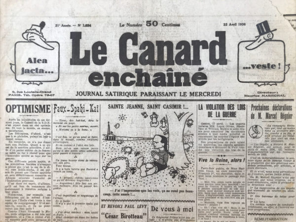 Couac ! | N° 1034 du Canard Enchaîné - 22 Avril 1936 | Le Modéré et les 200 Familles - Jean Galtier-Boissière, dans cet article publié le 22 avril 1936, décrit une réunion électorale en banlieue où un candidat « modéré » tente de défendre les intérêts des « 200 familles », terme désignant les puissantes dynasties industrielles et financières qui dominent l'économie française. Le candidat modéré, confronté à la question de son soutien aux 200 familles, reprend les arguments d'un éditorial de Clément Vautel pour justifier leur existence. Il présente ces familles comme des « capitaines d'industrie » dont l'intelligence et les talents créent des emplois et assurent la subsistance de millions de familles françaises. Il plaide pour une juste rétribution des bénéfices pour ces chefs d'entreprise, arguant que leurs compétences et leur travail méritent une compensation équitable. Un contradicteur avisé prend alors la parole, dénonçant la véritable nature des 200 familles non pas comme des entrepreneurs méritants mais comme une féodalité économique. Il accuse ces familles de rançonner les consommateurs et de s'accaparer les revenus nationaux sans vergogne. Il soutient que les candidats « modérés » devraient, par intérêt électoral, s'opposer à ces dynasties qui exploitent les petits bourgeois et les épargnants. Le contradicteur donne des exemples concrets pour illustrer ses arguments : - **Baron Brincard** : En 1934, il s'est attribué 1 956 000 francs de « tantièmes » en tant que président d'un grand établissement de crédit, tandis que ses collègues recevaient 978 000 francs chacun. - **Théodore Laurent** : À 85 ans, il siège dans 47 conseils d'administration, accumulant des jetons de présence en millions, ce qui paraît impossible à justifier pour une personne de son âge. Il démontre comment ces dynasties utilisent des structures enchevêtrées de sociétés pour échapper à l'impôt, transférant les bénéfices vers des filiales déficitaires ou réinvestissant les gains pour éviter la fiscalité. Le contradicteur suggère que la campagne contre les 200 familles n'est pas contre les entrepreneurs prospères en général, mais contre les abus des grandes congrégations économiques et des parasites financiers. Il accuse les « 200 » d'être des véritables traitres économiques qui manipulent le système pour enrichir une élite restreinte au détriment de la majorité des Français. En conclusion, Galtier-Boissière préfère le cynisme d'un député sortant du Nord, qui admet franchement qu'il défend les 200 familles parce qu'il en fait partie. Cette honnêteté brutale contraste avec les justifications hypocrites des candidats « modérés », illustrant le profond cynisme et la corruption de l'élite économique. Cette critique mordante de l'élite économique des années 1930 met en évidence les tensions sociales et les inégalités croissantes en France à cette époque, soulignant l'hypocrisie et la cupidité des puissants qui dominent l'économie et la politique du pays. | 1034