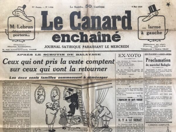 Couac ! | N° 1036 du Canard Enchaîné - 6 Mai 1936 |  La Grande Presse et les Élections - Dans un article publié le 6 mai 1936, Jean Galtier-Boissière analyse le paradoxe apparent entre la forte influence supposée de la grande presse parisienne et son incapacité à orienter les résultats électoraux en faveur de la droite. Malgré la domination de journaux conservateurs dans le paysage médiatique, les électeurs parisiens ont majoritairement soutenu le Front populaire et même les communistes. Galtier-Boissière souligne que les grands journaux, censés être des sources d'information impartiale, déforment souvent les faits pour servir les intérêts des puissantes congrégations économiques et des fameuses "200 familles". Cette manipulation éhontée de l'information explique en grande partie pourquoi ces journaux n'influencent plus autant l'orientation politique des masses. L'auteur donne plusieurs exemples de fausses nouvelles diffusées par la presse de droite : 1. **Le Petit Parisien (P.P.)** est particulièrement critiqué pour ses fausses nouvelles sensationnalistes, comme le faux document diplomatique allemand ou le soi-disant plan révolutionnaire trouvé à Toulon, qui s'est avéré être un grossier faux. 2. **Les récits exagérés sur la situation en Espagne**, où le P.P. décrivait quotidiennement des scènes d'églises incendiées et de violences révolutionnaires, en contraste avec les rapports plus calmes provenant de sources espagnoles fiables. 3. **L'interview imaginaire de Bela Kun** par Maurice Prax, qui prétendait avoir rencontré le bolchevik à Barcelone alors qu'il se trouvait à Moscou. Malgré ces mensonges répétés, les lecteurs des grands journaux semblent étrangement tolérants, continuant à les lire même en étant conscients de leur manque de fiabilité. Galtier-Boissière propose plusieurs explications pour cette apparente longanimité : 1. **L'habitude** : Les lecteurs sont habitués à la présentation et à la mise en page de leur journal et trouvent paresseux de changer. 2. **La généralisation du mensonge** : Les lecteurs pensent que tous les grands journaux sont également mensongers et qu'il n'existe pas de journal de "pure information". 3. **Les rubriques non politiques** : Les grands journaux offrent des rubriques comme les courses, les sports, les mots croisés, et d'autres sections attrayantes et indépendantes de la politique, qui retiennent les lecteurs. L'article se termine sur une anecdote illustrant l'importance des rubriques populaires dans les journaux. Un ancien chroniqueur militaire devenu rédacteur en chef est refusé pour la rubrique des pronostics des courses, car, malgré sa notoriété, cette rubrique est jugée "sérieuse" et de grande importance pour les lecteurs. Galtier-Boissière dépeint une image d'une presse parisienne déconnectée de ses lecteurs en termes de fiabilité de l'information, mais toujours influente grâce à ses rubriques divertissantes et informatives. Ce décalage entre la propagande politique et les attentes des lecteurs explique en partie le manque d'influence de la grande presse sur les résultats électoraux. | 1036 1