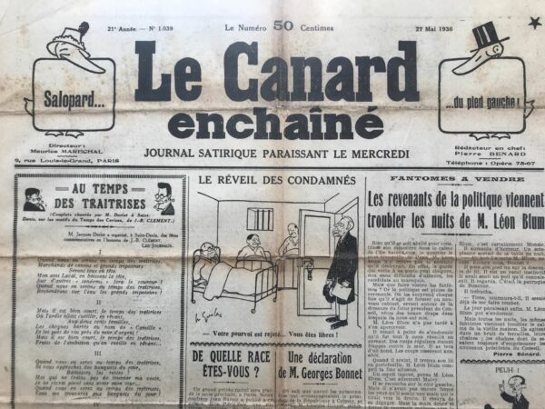 Couac ! | N° 1039 du Canard Enchaîné - 27 Mai 1936 | La Nouvelle Émigration - Jean Galtier-Boissière, dans un article du 27 mai 1936, fait un parallèle saisissant entre les émigrés aristocrates de la Révolution française de 1789 et les émigrés économiques de 1936. Il examine comment l'histoire se répète, alors que les élites économiques d'aujourd'hui fuient le pays pour protéger leurs richesses face aux réformes promises par le Front populaire. Au XVIIIe siècle, la noblesse jouissait de privilèges disproportionnés par rapport aux services qu'elle rendait autrefois. À l'époque médiévale, les seigneurs féodaux offraient une protection militaire aux populations locales en échange de redevances. Cependant, à la fin du XVIIIe siècle, ces services n'étaient plus rendus, et les privilèges persistants étaient perçus comme des escroqueries par un peuple éclairé par les philosophes de l'Encyclopédie. Quand la Révolution française éclata, de nombreux aristocrates émigrèrent, incapables d'emporter leur fortune, souvent immobilisée dans des terres et des châteaux. À l'étranger, certains durent accepter des métiers humbles ou même servir dans les armées ennemies. Au XIXe siècle, la haute bourgeoisie remplaça la noblesse comme classe dominante, jouant un rôle crucial dans le développement industriel de la France. Toutefois, au fil du temps, leurs privilèges devinrent également exorbitants, et une nouvelle féodalité industrielle et bancaire émergea, exploitant le consommateur moyen. Le public français accepte que des talents exceptionnels soient bien rémunérés, mais il trouve inadmissible que des individus comme certains marchands de canons accumulent des richesses énormes sans contribuer équitablement à l'économie. Les élites économiques, les "200 familles", refusèrent de réformer le système économique, préférant protéger leurs fortunes. Face aux victoires électorales du Front populaire et aux promesses de réformes démocratiques, les magnats de l'industrie et de la finance commencent à émigrer, mais cette fois avec une stratégie plus astucieuse que celle des aristocrates de 1789. Ils transfèrent discrètement leurs fortunes à l'étranger, utilisant des moyens sûrs comme les banques suisses et anglaises. Cette fuite des capitaux est perçue comme une trahison économique par Galtier-Boissière. Galtier-Boissière propose deux mesures pour stopper cette évasion de capitaux : 1. **Publicité des Délinquants Économiques** : Publier les noms des émigrés économiques sur des affiches et dans la presse, les exposant ainsi au pilori public. 2. **Confiscation des Biens** : Confisquer tous les biens en France des émigrés économiques. Il estime que ces mesures, bien que simples, seraient dissuasives et efficaces pour empêcher la fuite des capitaux et protéger l'économie nationale.   | 1039