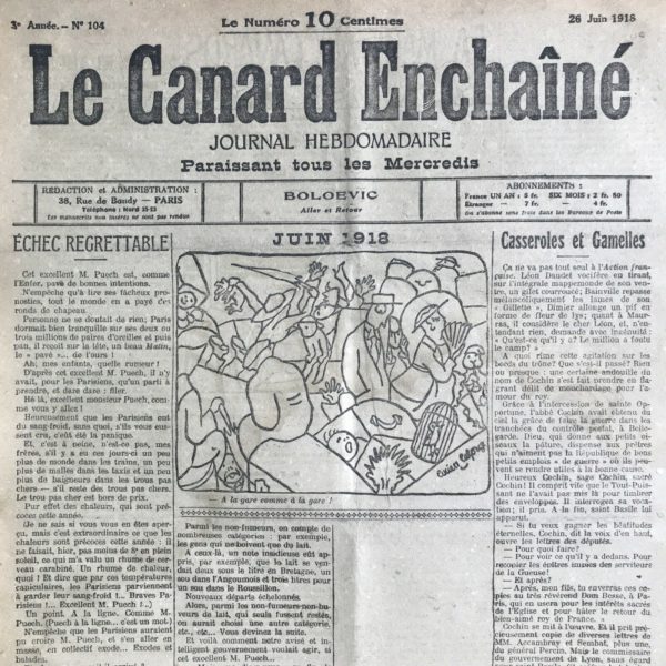 Couac ! | N° 104 du Canard Enchaîné - 26 Juin 1918 | L'ANGOISSE DU MERCANTI ou le Compte du Tonneau (Manuscrit trouvé dans une musette),  par Henri Béraud. Prosper Grivelot,  épicier à Bocard-les-Bois (Meuse) fait sa fortune sur le dos des poilus... Feuilleton paru du 12 au 26 Juin 1918 : troisième et dernière partie. | 104