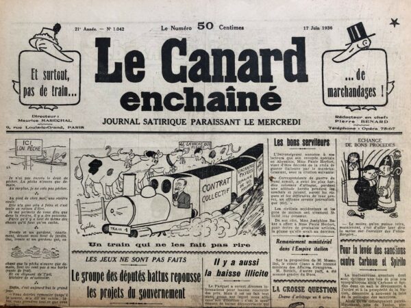 Couac ! | N° 1042 du Canard Enchaîné - 17 Juin 1936 | Le Colonel en Déroute - Dans l'article "Le Colonel en Déroute", publié le 17 juin 1936, Jean Galtier-Boissière raconte ses observations sur les troubles sociaux et politiques en France, avec une attention particulière aux Croix de Feu, un mouvement nationaliste dirigé par le lieutenant-colonel François de La Rocque. L'auteur commence par décrire une scène où un vétéran Croix de Feu harangue la foule avec un discours anti-gouvernemental, mais se retrouve ridiculisé par un ancien combattant. Galtier-Boissière note l'ironie de voir ce personnage, ou un sosie, répéter son manège et fuir à l'approche de policiers. Il identifie deux types de fauteurs de troubles : 1. **"Punaises de révolution"** : Des éléments criminels opportunistes qui émergent lors des troubles pour piller et commettre des actes de violence. 2. **Provocateurs** : Agents des ligues factieuses qui enveniment les discussions et incitent à la violence. Galtier-Boissière critique sévèrement La Rocque et les Croix de Feu : - **Contradictions de La Rocque** : Bien qu'il admette publiquement la légitimité des revendications ouvrières, il essaie de former des syndicats jaunes pour saper les mouvements de grève et offre ses troupes aux patrons pour briser les grèves. - **Défections et Perte d'Adhérents** : Le mouvement perd des adhérents, notamment des vétérans de la Première Guerre mondiale et des jeunes volontaires nationaux, désillusionnés par l'inefficacité et les priorités sociales conservatrices de La Rocque. - **Pressions Patronales** : De nombreux adhérents avaient été contraints de rejoindre les Croix de Feu par leurs employeurs. Les grèves réussies ont encouragé ces membres forcés à se tourner vers la CGT. La situation des Croix de Feu se complique davantage avec la question de l'antisémitisme : - **Cérémonie pour les Combattants Israélites** : La Rocque annonce une cérémonie en l'honneur des combattants israélites morts au champ d'honneur, provoquant une réaction virulente de certains membres, notamment des antisémites comme Xavier Vallat. - **Lettre de M. de Bracquemont** : Un membre-fondateur des Croix de Feu, proteste contre ce qu'il considère comme une "trahison" de La Rocque, l'accusant de mensonges et d'hypocrisie. Le désaveu croissant de La Rocque au sein de son propre mouvement conduit à des discussions sur son remplacement. Un nom évoqué est celui de **M. Pozzo di Borgo**, un financier du mouvement, dont l'ancêtre célèbre est connu pour sa haine de la France et son service auprès de la Russie. Galtier-Boissière souligne avec ironie le pedigree de Pozzo di Borgo comme étant parfaitement adapté à un mouvement nationaliste. Galtier-Boissière utilise un ton satirique et critique pour illustrer les contradictions et les troubles internes des Croix de Feu sous la direction de La Rocque. Il démontre comment les revendications légitimes des travailleurs et les mouvements de grève révèlent les fissures et les hypocrisies des mouvements nationalistes et factieux de l'époque.   | 1042 1