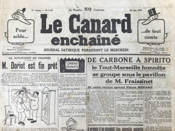 Couac ! | N° 1043 du Canard Enchaîné - 24 Juin 1936 | Phynances - Dans cet article intitulé "Phynances" publié le 24 juin 1936, Jean Galtier-Boissière critique la complexité prétendue des finances et l'inefficacité des politiques économiques après la Première Guerre mondiale, notamment en France. Galtier-Boissière commence par dénoncer la prétendue complexité des finances, affirmant que les économistes aiment faire croire que seuls eux comprennent les lois secrètes des finances. Il remet en question cette idée en soulignant l'échec de leurs prévisions et en simplifiant les causes de la crise économique : - **Conséquences de la Guerre** : La Première Guerre mondiale a ruiné tant les vainqueurs que les vaincus, détruisant des vies et des ressources, et n'a laissé que des dettes et une économie déséquilibrée. - **Machinisme et Chômage** : L'essor des machines pendant la guerre a contribué à un chômage massif, malgré les pertes humaines énormes. Galtier-Boissière décrit ensuite les efforts économiques post-guerre, se concentrant sur la déflation mise en œuvre en France : - **Plan de François de Wendel** : Ce plan visait à équilibrer le budget par des économies drastiques, réduisant les salaires des fonctionnaires, les pensions des anciens combattants, et les revenus des rentiers. - **Échec du Plan** : Mené par Pierre Laval, le plan a échoué en aggravant le marasme commercial et en réduisant les recettes fiscales, car la baisse du pouvoir d'achat des consommateurs a conduit à une diminution des impôts collectés. Il explique que la confiance des classes possédantes était déjà ébranlée avant même l'élection du Front populaire : - **Défiance Post-6 Février** : La thésaurisation et l'évasion des capitaux ont commencé après les émeutes du 6 février 1934. À ce moment, une immense quantité d'argent a été retirée de la circulation, estimée à 60 milliards de francs, cachée dans des coffres ou transférée à l'étranger. Pour remédier à cette situation, Galtier-Boissière propose des mesures pour réinjecter cet argent dans l'économie : - **Sanctions Contre les Évasions de Capitaux** : Il suggère des amendes sévères et la confiscation des biens pour ceux qui cachent leurs avoirs à l'étranger. - **Relèvement des Salaires** : Il recommande d'augmenter les salaires dans la grande industrie pour forcer les patrons à rapatrier leurs capitaux et relancer l'économie par la consommation accrue des classes populaires. L'auteur critique aussi le cynisme de certains industriels qui, face à l'émancipation sociale, envisagent même une nouvelle guerre comme solution pour rétablir l'ordre économique et l'union nationale. Jean Galtier-Boissière utilise une plume acerbe pour dénoncer les échecs des politiques économiques d'après-guerre, la cupidité des élites financières, et la nécessité de politiques plus justes pour relancer l'économie par une meilleure répartition des richesses.   | 1043