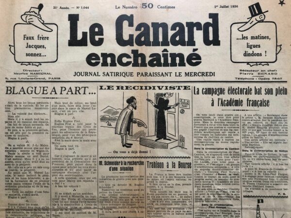 Couac ! | N° 1044 du Canard Enchaîné - 1 Juillet 1936 | Querelles de Drapeaux - Dans cet article intitulé "Querelles de Drapeaux", publié le 1er juillet 1936, Jean Galtier-Boissière explore les paradoxes et contradictions des attitudes envers les symboles nationaux, en particulier le drapeau tricolore et "La Marseillaise", dans le contexte politique français de l'époque. Galtier-Boissière commence par décrire la lamentation d'un royaliste au sujet de la supposée dégradation des symboles nationaux sous le gouvernement en place. Le royaliste pleure la substitution des trois couleurs par le drapeau rouge et la dévalorisation de "La Marseillaise". L'auteur répond en soulignant l'ironie de cette lamentation venant d'un royaliste, dont le véritable emblème est le drapeau blanc et non le tricolore, et qui ne devrait donc pas se soucier de la "Marseillaise", un chant révolutionnaire. Il explique comment les symboles nationaux ont été historiquement divisés selon les affiliations politiques : - **Monarchistes** : Drapeau fleurdelisé, œillet blanc - **Républicains** : Drapeau tricolore, cocarde tricolore - **Socialistes** : Drapeau rouge de la Révolution de 1848 et de la Commune - **Libertaires** : Drapeau noir Aujourd'hui, dit-il, tout le monde revendique les trois couleurs et "La Marseillaise". Les jeunes royalistes chantent même "La Marseillaise" malgré ses paroles révolutionnaires et anti-royalistes. Galtier-Boissière décrit la manière dont les royalistes ont adopté les symboles républicains pour les fêtes nationales, sous l'impulsion de leurs leaders, comme un geste de défi. De l'autre côté, les communistes, via **L'Humanité**, ont intégré "La Marseillaise" aux côtés de "L'Internationale" dans leurs rassemblements, fusionnant le rouge et le tricolore dans les meetings du Front populaire. Il souligne l’ironie du fait que ces symboles sont joués lors de l'arrivée du président de la République, une figure qui ne représente ni les monarchistes ni les communistes. Il rappelle que la France est une république depuis 66 ans en partie parce que le comte de Chambord, dernier prétendant Bourbon, refusait d'accepter le drapeau tricolore après la défaite de 1870. Le comte tenait au drapeau blanc, et malgré toutes les combinaisons proposées pour fusionner les deux emblèmes, il resta inflexible, permettant ainsi à la République de perdurer. Galtier-Boissière termine par une anecdote de la Première Guerre mondiale, illustrant le changement de la symbolique du drapeau sur le champ de bataille. Initialement porté au centre des régiments, il est devenu un objet caché à l’arrière pour éviter sa capture. Il se souvient d'un colonel, lors d'une retraite chaotique après un assaut, plus préoccupé par ses chevaux que par le drapeau. Jean Galtier-Boissière met en lumière les paradoxes et les appropriations des symboles nationaux dans le contexte des conflits idéologiques et politiques de la France des années 1930, montrant comment les symboles peuvent être manipulés et revendiqués par des groupes aux objectifs diamétralement opposés. | 1044 1