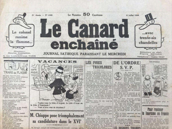 Couac ! | N° 1045 du Canard Enchaîné - 8 Juillet 1936 | La Réforme de la Presse - Dans cet article intitulé "La Réforme de la Presse" publié le 8 juillet 1936, Jean Galtier-Boissière aborde la nécessité d'une réforme des lois régissant la presse en France, particulièrement à la lumière des attentes du Front Populaire et des défis contemporains. Galtier-Boissière commence par critiquer la loi de 1881 sur les délits de presse. Cette loi, selon lui, est absurde car elle condamne automatiquement les journalistes, même lorsqu'ils rapportent des faits véridiques, si ces faits portent atteinte à l'honorabilité du plaignant. Il explique que juridiquement, la diffamation n'est pas nécessairement un mensonge, mais simplement la publication de faits, vrais ou faux, susceptibles de discréditer une personne. La loi actuelle punit les journalistes non pour avoir menti, mais pour avoir dit des vérités dérangeantes. Pour illustrer son point, l'auteur décrit un scénario où un journaliste pourrait prouver que quelqu'un a été condamné pour des crimes antérieurs. Malgré la véracité des faits, le journaliste serait condamné parce que la loi interdit de rappeler ces faits au public, permettant ainsi aux criminels de dissimuler leurs antécédents et de continuer leurs activités frauduleuses sans entrave. La réforme proposée par Galtier-Boissière est simple : permettre la preuve des affirmations en justice correctionnelle, comme cela est déjà possible aux Assises pour les fonctionnaires. Il souligne que cette réforme doit être accompagnée de sanctions renforcées contre les diffamateurs de mauvaise foi et les maîtres chanteurs, pour éviter les abus. Le gouvernement du Front Populaire a déjà commencé à assainir la presse en supprimant les "enveloppes" des journalistes corrompus, ce qui, selon Galtier-Boissière, est un premier pas opportun. Il qualifie les journalistes qui acceptent des pots-de-vin pour écrire des articles favorables de "faisans" qui déshonorent la profession. Un autre point crucial pour l'auteur est la répression des fausses nouvelles. Il cite Duhamel, qui déplorait la propagation de mensonges indestructibles. Galtier-Boissière insiste sur la nécessité d'interdire la déformation des nouvelles et de punir ceux qui diffusent volontairement de fausses informations. Il y a une distinction essentielle entre l'information et le commentaire. L'information doit être véridique et factuelle, tandis que le commentaire, qui reflète les opinions et les interprétations des journalistes, doit rester libre tant que nous sommes en République. La seule exception serait la provocation au meurtre, dont l'auteur doit être tenu responsable. Il donne des exemples concrets de manipulations d'informations par certains journaux de droite avant les émeutes du 6 février 1934, où des photos et des légendes trompeuses ont été utilisées pour inciter à la panique. Il critique sévèrement ces pratiques et appelle à des sanctions sévères pour les journalistes responsables de telles provocations. Galtier-Boissière conclut en affirmant que la liberté de la presse n'est pas menacée par de telles réformes, mais qu'il est crucial de distinguer entre les informations véridiques et les mensonges délibérés. Il compare les fausses nouvelles à un cri de "Au feu !" dans un théâtre bondé, provoquant une panique injustifiée et potentiellement dangereuse, et soutient que de tels comportements doivent être punis.   | 1045