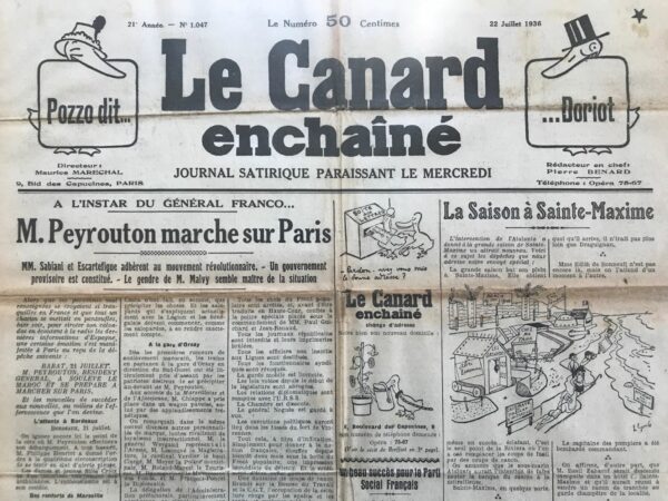 Couac ! | N° 1047 du Canard Enchaîné - 22 Juillet 1936 | Presse et Publicité - Dans cet article, Jean Galtier-Boissière examine les problèmes liés à la publicité dans la presse et propose des réformes nécessaires pour l'assainir, en ligne avec les objectifs du Front Populaire. Galtier-Boissière commence par rappeler l'origine de la publicité dans la presse, attribuée à Émile de Girardin, qui a démocratisé l'accès à l'information en baissant les prix des journaux grâce aux revenus publicitaires. Cependant, il critique Girardin pour avoir également commercialisé la presse, transformant les journaux en instruments de profit plutôt qu'en organes d'opinion. L'auteur souligne les dangers de la publicité financière, exemplifiés par les scandales comme ceux de Stavisky, où des journaux ont accepté des annonces douteuses qui ont trompé le public. Galtier-Boissière propose que les journaux soient tenus responsables des annonces qu'ils publient, suggérant qu'en cas de condamnation, ils devraient rembourser les sommes perdues par le public. Galtier-Boissière critique le rôle des agences de publicité, qui souvent ne servent pas les intérêts de leurs clients mais cherchent plutôt à maximiser leurs propres commissions. Cette situation conduit à des placements publicitaires inefficaces et profite aux journaux qui offrent les plus grandes ristournes, plutôt qu'à ceux avec le meilleur tirage ou la meilleure réputation. L'auteur met également en lumière le problème de la publicité d'État, notamment celle gérée par l'agence Havas, qu'il accuse de biais politique et de gaspillage. Il propose de créer un bureau officiel pour centraliser et contrôler la publicité d'État, ce qui permettrait de réaliser des économies importantes et de mettre fin aux pratiques douteuses de subventionnement indirect des journaux hostiles au Front Populaire. Pour garantir la transparence, Galtier-Boissière suggère que tous les journaux publient annuellement un bilan détaillé de leurs revenus publicitaires, révélant leurs commanditaires et les sources de leurs revenus. Cela permettrait au public de mieux comprendre les influences économiques derrière les contenus publiés. L'article se termine par une note positive sur la nationalisation des industries de guerre, indiquant que les indemnités pour les industriels ne seront finalement pas calculées selon les modalités controversées précédemment critiquées par Galtier-Boissière.   | 1047