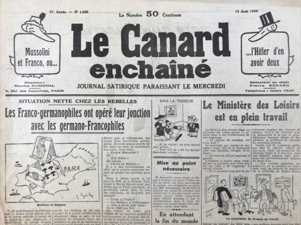 Couac ! | N° 1050 du Canard Enchaîné - 12 Août 1936 | LE « Traître » Malvy, par Jean Galtier-Boissière. Pendant la Première Guerre mondiale, Jean-Louis Malvy, ministre français, fut accusé de trahison. Clémenceau l'accusait de trahir les intérêts de la France, tandis que Léon Daudet, journaliste et écrivain, l'accusait de fomenter des mutineries militaires, de vendre des secrets à l'ennemi allemand, et d’avoir orchestré l'assassinat de son associé Almereyda. Lorsque Malvy fut jugé par la Haute-Cour, son bras droit Leymarie avait déjà été condamné pour commerce avec l'ennemi. Malvy, toutefois, joua sur la corde sensible, affichant un patriotisme fervent et parvint à échapper à une condamnation sévère, se voyant infliger cinq ans de bannissement. Après la chute de la dictature de Clémenceau, Malvy revint en France, bénéficiant d'une campagne de réhabilitation orchestrée par des militants de gauche qui le présentaient comme une victime de la tyrannie. Il justifiait sa condamnation en la présentant comme une conséquence de son refus d'appliquer le carnet B, qui aurait impliqué l'incarcération de militants syndicalistes. Malvy réussit à se réintégrer à la Chambre des députés et fut soutenu par ses anciens adversaires, y compris Raymond Poincaré. Cependant, ses activités après-guerre restèrent suspectes. Accusé de compromissions, notamment en tant qu'avocat-conseil de la compagnie des Wagons-Lits, il conservait malgré tout le soutien de nombreux militants et représentants du peuple. Son implication dans des affaires louches et des scandales de la Troisième République fut largement critiquée, mais il parvint toujours à se maintenir en jouant sur sa réputation de martyr et en simulant des syncopes lorsque nécessaire. Malvy fut également impliqué dans des affaires internationales douteuses. En juillet, une dépêche annonçait son retour d’Italie après une entrevue avec Mussolini. Par ailleurs, ses liens avec Juan March, un financier espagnol notoire pour ses activités de contrebande et son soutien à Franco, suscitaient des interrogations. March, ancien agent du service secret allemand pendant la guerre, avait financé la rébellion des généraux espagnols contre la République. Les connexions internationales de Malvy, notamment avec des figures controversées comme Juan March, et ses activités en politique intérieure et extérieure, restaient suspectes. Galtier-Boissière concluait en s'interrogeant sur les motivations et les véritables alliances de Malvy, tout en critiquant l'inaction de figures politiques comme Léon Daudet dans la dénonciation de ces relations troubles.   | 1050