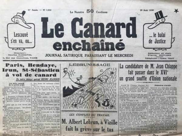 Couac ! | N° 1052 du Canard Enchaîné - 26 Août 1936 | Les Horreurs de la Guerre - par Jean Galtier-Boissière. Lorsqu'une déclaration de neutralité fut demandée au gouvernement allemand, qui armait les rebelles espagnols, un argument aurait pu être présenté pour embarrasser les théoriciens nazis : comment des apôtres du racisme pouvaient-ils soutenir des Européens employant des troupes indigènes ? La propagande allemande avait vivement critiqué les Alliés pendant la Première Guerre mondiale pour avoir fait appel à des soldats de couleur pour défendre « le droit et la civilisation ». Berlin avait dénoncé l'utilisation de Gurkhas, Sénégalais et Peaux-Rouges enrégimentés par des Blancs pour tuer d'autres Blancs, une ironie amère au vu des circonstances actuelles en Espagne. Aujourd'hui, en Espagne, les défenseurs de l'ordre moral et de la catholicité utilisent des mercenaires comme troupes de choc, incluant des guerriers rifains et des légionnaires étrangers souvent échappés du bagne ou de l'échafaud. Raymond Lacoste, dans *L'Écho de Paris*, qualifie ce conflit de lutte entre l'Ibère et l'Oriental, entre le Catholique et l'Infidèle, oubliant de préciser que le « catholique » dans ce contexte est le Rifain musulman armé par Franco. Lacoste essaie de justifier les atrocités des rebelles en évoquant des analogies historiques, mais il omet que ce sont les Maures, conduits par des officiers traîtres, qui brûlent aujourd'hui les Espagnols. Il glorifie les rebelles comme défenseurs de l'Europe et du génie latin, tandis qu'il dépeint les républicains espagnols comme des « canailles ». La Junte de Burgos a institué un impôt de guerre sur les revenus supérieurs à 8000 pesetas, une mesure qui chagrine Lacoste. François Mauriac, quant à lui, malgré son soutien initial aux « nationaux », a exprimé sa révolte contre le massacre de deux mille républicains à Badajoz par les tortionnaires du « tercio » et les « regulares » marocains. Mauriac observe que, contrairement aux guerres entre nations où la haine disparaît rapidement, les guerres civiles sont marquées par une haine exacerbée. Pendant la Première Guerre mondiale, les états-majors redoutaient les fraternisations entre soldats ennemis. Dans les guerres civiles, les combattants sont des volontaires défendant leurs idéaux personnels, ce qui conduit à des luttes partisanes brutales. L'auteur compare la guerre civile espagnole à la Commune de Paris, où les soldats de Mac-Mahon, libérés des geôles allemandes pour mater les communards, massacrèrent 30 000 Parisiens en une semaine, alors qu'ils n'avaient tué que 27 000 ennemis allemands en dix batailles rangées et six mois de combat. Cela souligne l'intensité des violences internes par rapport aux conflits internationaux. | 1052 1