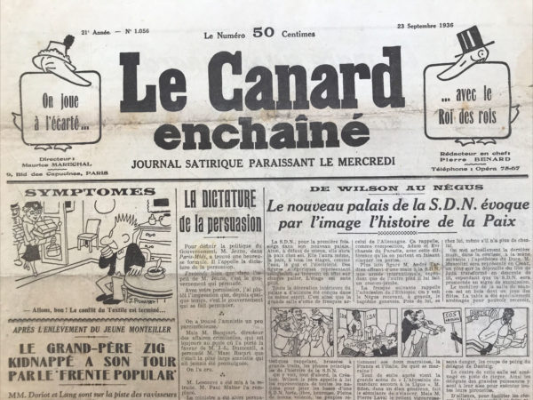 Couac ! | N° 1056 du Canard Enchaîné - 23 Septembre 1936 | Hitleriana : Une Analyse de l’Ascension et des Méthodes d’Adolf Hitler, par Jean Galtier-Boissière. Les Français ont souvent tendance à dénigrer leurs adversaires, un travers illustré par la caricature du soldat allemand lors de la Première Guerre mondiale. Cette attitude se répète avec Hitler, initialement perçu comme un agitateur insignifiant et un ancien peintre en bâtiment. Cependant, cette sous-estimation s'est avérée dangereusement erronée. Entre 1922 et 1930, Hitler n’était pas pris au sérieux, même par ses compatriotes allemands. Après le succès des nazis aux élections de 1930, les leaders de grands partis continuaient de minimiser sa menace. Hugenberg, leader des nationalistes, considérait Hitler comme un « abcès de fixation », tandis que Breitscheid, chef social-démocrate, voyait en lui une baudruche destinée à se dégonfler rapidement. En trois ans, Hitler transforma radicalement le paysage politique allemand, éliminant ses adversaires tels qu’Hugenberg et Breitscheid. Son succès repose sur son incorruptibilité, sa foi en son destin, et son insensibilité au ridicule. Ses discours et sa propagande ont convaincu les Allemands de le suivre, le propulsant au rang de chef suprême et quasi-religieux. Hitler a réussi à convaincre les Allemands que seule sa détermination avait permis de démanteler les clauses du Traité de Versailles. Galtier-Boissière critique les gouvernants français des années 1920 pour avoir refusé des concessions à la République allemande, préparant ainsi le terrain à la dictature d'Hitler. Contrairement à Mussolini, qui glorifie la guerre, Hitler adopte initialement une rhétorique plus pacifique, cherchant un rapprochement avec la France. Cependant, après avoir atteint ses objectifs initiaux, Hitler change de ton et adopte une posture plus agressive, rappelant les discours bellicistes de Guillaume II. Hitler, obsédé par le "péril juif", appelle l'Europe à s'unir contre le bolchevisme, qu'il considère comme une invention juive. Cette idée n’est pas nouvelle, mais Galtier-Boissière souligne que la France ne souhaite participer à aucune croisade, ni contre le fascisme ni contre le bolchevisme, refusant de se laisser entraîner dans de nouvelles guerres idéologiques. Galtier-Boissière appelle à la prudence et au refus des croisades idéologiques, soulignant l'importance de ne pas se laisser manipuler par des discours extrêmes et des obsessions dangereuses. Il met en garde contre la répétition des erreurs passées et l'importance de la vigilance face à la montée des dictateurs et de leurs idéologies destructrices.   | 1056