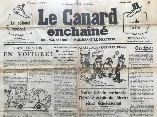 Couac ! | N° 1058 du Canard Enchaîné - 7 Octobre 1936 | Les Néo-Bellicistes ou Le Gribouillisme Intégral, par Jean Galtier-Boissière. Jean Galtier-Boissière, dans cet article pour Le Canard Enchaîné, critique vivement les propositions bellicistes avancées par la revue Karl-Marx, une publication d'extrême gauche. L'auteur dénonce ce qu'il perçoit comme une incohérence flagrante et une dangereuse dérive vers des politiques bellicistes semblables à celles prônées par la droite nationaliste. La revue Karl-Marx, animée par Charles Fraval, appelle les dirigeants français à adopter une attitude plus ferme et à renforcer leur arsenal militaire. Fraval critique la « politique femelle » des dirigeants actuels et exhorte à une militarisation accrue pour contrer les menaces extérieures. Cette attitude est comparée à celle des colonels chauvins de droite, autrefois dénoncés par Jaurès. Fraval, autrefois défaitiste, prône maintenant une course aux armements et une politique de prestige. Cette position est partagée par le commandant Sibonet, qui dans un article intitulé « Sur le sentier de la guerre », argue en faveur d'une guerre préventive contre l'Allemagne, jugeant le moment opportun. Sibonet voit dans le Front populaire un atout moral pour l'armée française et suggère de profiter de cette force avant que l'ennemi ne soit prêt. Galtier-Boissière s'étonne de trouver des arguments pour une guerre préventive dans une publication d'extrême gauche. Il souligne que ces positions sont en contradiction avec les valeurs pacifistes et anti-militaristes traditionnellement associées à cette mouvance. Il évoque la citation de Bertrand Russel pour rappeler que la guerre est le pire des maux. Galtier-Boissière met en garde contre les conséquences inévitables de la guerre. Il affirme qu'une guerre entraînerait nécessairement une dictature militaire, une victoire du fascisme. Il réfute l'idée que la guerre pourrait mener à la révolution et à l'instauration d'un régime prolétarien. Au contraire, il suggère que la guerre renforcerait les tendances césaristes et autoritaires en France, rappelant les élections du Bloc National après la Première Guerre mondiale. L'auteur conclut que remplacer l'appel du Rassemblement populaire « Contre le fascisme ET contre la guerre » par « Contre le fascisme PAR la guerre » serait une grave erreur. Il appelle à une réflexion profonde sur les véritables implications de telles politiques bellicistes, soulignant que la guerre ne fait qu'engendrer davantage de dictatures et de souffrances.   | 1058