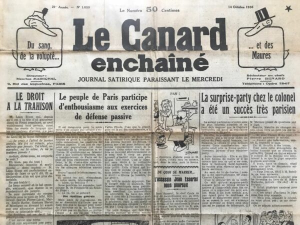 Couac ! | N° 1059 du Canard Enchaîné - 14 Octobre 1936 | En Attendant la Réforme de la Presse... La Réforme de l'Édition, par Jean Galtier-Boissière -  Jean Galtier-Boissière discute de la controverse entourant le projet de nouveau contrat d'édition élaboré par Jean Zay. Il aborde les tensions entre éditeurs et écrivains, et critique ceux qui s'opposent à cette réforme destinée à protéger les droits des auteurs. Traditionnellement, les éditeurs achetaient les œuvres des écrivains pour une somme fixe, devenant ainsi les propriétaires exclusifs des manuscrits, indépendamment de leur succès futur. Ce système a souvent conduit à des injustices, les écrivains ne recevant pas de compensation proportionnelle aux succès de leurs œuvres. Certains écrivains renommés, comme Chateaubriand, ont réussi à négocier des contrats avantageux, mais cela était rare et réservé aux auteurs célèbres. Dans les temps modernes, deux catégories d'auteurs ont émergé : ceux qui se vendaient bien et recevaient un pourcentage sur les ventes, et ceux qui devaient payer pour être publiés, souvent appelés « à compte d'auteur ». L'après-guerre a vu une inflation littéraire parallèle à l'inflation financière, où les éditeurs se disputaient les jeunes talents, offrant des avances pour obtenir l'exclusivité de leurs œuvres. Cette période a également vu des abus des deux côtés, avec des éditeurs exploitant les auteurs et vice versa. Le projet de Jean Zay vise à mettre fin aux contrats draconiens et aux abus des éditeurs. Une clause typique des anciens contrats obligeait les auteurs à partager par moitié avec l'éditeur les revenus de toutes les adaptations de leurs œuvres. La nouvelle loi prévoit de corriger ces déséquilibres. Les éditeurs, voyant leurs privilèges menacés, ont vivement protesté, arguant que leur métier deviendrait impossible. Certains écrivains, affichant souvent des opinions d'extrême droite, se sont également opposés à la réforme, une attitude que Galtier-Boissière trouve étrange et partisane. Ironiquement, certains écrivains, tels que Paul Morand et François Mauriac, qui ne sont pas des sympathisants du Front populaire, ont soutenu le projet. La vénérable Société des Gendelettres a également exprimé son approbation, soulignant que le projet offre des avantages certains aux écrivains. Galtier-Boissière conclut en soulignant que les polémiques autour du contrat d'édition sont un prélude aux débats encore plus intenses qui entoureront la future réforme de la presse. Il anticipe des réactions violentes et des résistances, similaires à celles observées dans le contexte actuel de l'édition.   | 1059