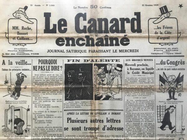 Couac ! | N° 1060 du Canard Enchaîné - 21 Octobre 1936 | Petite Histoire Franco-Belge, par Jean Galtier-Boissière - Jean Galtier-Boissière commente la déclaration récente de la Belgique, exprimée par son jeune roi, Léopold III. La Belgique souhaite désormais éviter de servir de champ de bataille pour ses voisins et affirme sa volonté de ne prendre les armes que pour défendre ses intérêts nationaux. Avant la Première Guerre mondiale, la Belgique était considérée par les états-majors français et allemands comme un terrain de manœuvre idéal. Les plans français incluaient l'invasion de la Belgique en cas de conflit avec l'Allemagne, mais le gouvernement civil français avait réussi à convaincre les militaires d'abandonner cette idée pour ne pas froisser la Belgique. Les dirigeants français comprenaient qu'il valait mieux laisser l'Allemagne violer la neutralité belge pour s'assurer l'intervention de l'Angleterre, protectrice d'Anvers et opposée à la conquête allemande. Cela amènerait également l'opinion mondiale à se ranger contre l'agresseur. Lorsque les Allemands envahirent la Belgique en 1914, espérant une neutralité britannique et un passage libre de la part du roi belge Albert Ier, marié à une princesse allemande, ils furent confrontés à une résistance inattendue. Bien que l'héroïque défense de Liège soit souvent citée comme ayant retardé les Allemands, les critiques militaires modernes contestent cette idée, soulignant que l'invasion allemande suivit son cours prévu. Le roi Albert fit appel à la France pour une aide militaire, mais l'état-major français, suivant son plan, refusa de s'engager pleinement en Belgique. Les renforts furent insuffisants, et l'armée belge dut se retirer, laissant le pays occupé par les Allemands. La capitale provisoire belge fut transférée au Havre, tandis que le roi restait avec ses troupes sur le dernier bout de terre belge libre. Après la guerre, la Belgique resta fidèle à la France et à la Société des Nations (S.D.N.). Cependant, la récente déclaration de neutralité par la Belgique marque un revirement, motivé par la perte de confiance dans la SDN après son incapacité à protéger l'Éthiopie et par les tensions internes dues au mouvement rexiste de Léon Degrelle, un populiste fasciste. Degrelle, charismatique et expert en publicité, a su exploiter les scandales contre les partis traditionnels pour renforcer son mouvement, qui a trouvé des alliés parmi les nationalistes flamands pro-allemands. La position du roi Léopold III est devenue délicate, et sa déclaration vise à unifier le pays sous un sentiment commun de pacifisme. La déclaration de Léopold III, bien que pacifiste, vise également à justifier une augmentation des crédits militaires au Parlement. Elle signale l'abandon d'une mystique collective et avertit d'autres nations du danger de s'engager dans des conflits non essentiels sous le prétexte de sécurité collective.   | 1060