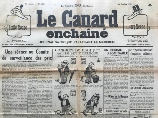 Couac ! | N° 1061 du Canard Enchaîné - 28 Octobre 1936 | Une Étrange Apologie de « Rex », par Jean Galtier-Boissière - Jean Galtier-Boissière critique l'hebdomadaire royaliste **Je Suis Partout** pour son récent numéro célébrant le mouvement rexiste belge et son chef, Léon Degrelle. Il dénonce la propagande et les contradictions de cet article, tout en exposant les véritables intentions et alliances de Degrelle. **Je Suis Partout**, animé par le royaliste Gaxotte et disciple de Maurras, avait annoncé sa disparition le 8 mai 1936 faute de succès aux élections et de ressources financières. Toutefois, l'hebdomadaire reparaît miraculeusement huit jours plus tard, prêt à relancer sa propagande. L'hebdomadaire consacre un numéro spécial à Léon Degrelle, le chef du mouvement rexiste belge, en vantant ses mérites personnels et ses qualités familiales. L'article tente de le présenter comme un héros sobre et infatigable, tout en minimisant ses critiques de la France et en glorifiant ses prétendus succès. Galtier-Boissière souligne l'hypocrisie de Degrelle, qui, malgré ses critiques virulentes contre la France lors de meetings populaires, essaie de rassurer les enquêteurs parisiens sur ses intentions. Il rappelle également les alliances douteuses de Degrelle avec les nationalistes flamands pro-allemands et critique son plan de recréer une entité territoriale incluant des parties de la France, ce qui expose ses véritables ambitions expansionnistes. La **Nouvelle Wallonie** dénonce la presse rexiste pour son aversion envers la France et révèle que même certains partisans de Degrelle sont gênés par sa campagne anti-française. Galtier-Boissière souligne cette hypocrisie et l'incohérence de soutenir un agitateur fasciste contre le Roi des Belges, qui accueille pourtant le prétendant monarchiste français. Jean Galtier-Boissière conclut en citant un extrait de **L'Action Française** qui critique l'alliance entre les rexistes et les flamands, mettant en lumière la manipulation politique de Degrelle au profit de l'Allemagne nazie. Il appelle Gaxotte et ses amis d'extrême droite à reconnaître les véritables intentions de leurs alliés.   | 1061