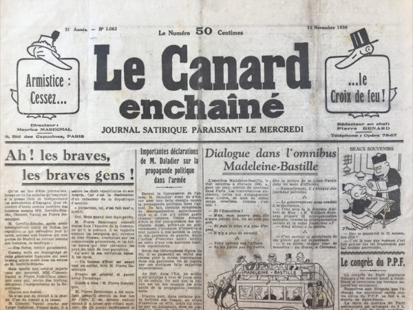 Couac ! | N° 1063 du Canard Enchaîné - 11 Novembre 1936 | M. Guimier et la Liberté de la Presse, par Jean Galtier-Boissière - Jean Galtier-Boissière commence par une anecdote personnelle datant d'une douzaine d'années. Il dénonce la corruption parmi les critiques d'art, révélant comment une peintre américaine a tenté de manipuler la presse en distribuant des enveloppes d'argent pour obtenir des critiques favorables. Galtier-Boissière raconte comment, sans nommer les individus, il a réussi à exposer cette vénalité en publiant un article qui juxtapose ses révélations avec des extraits d'articles élogieux des critiques corrompus. Galtier-Boissière aborde ensuite l'affaire Guimier, déplorant les réactions indignées de la presse à son éviction. Il ironise sur la prétendue "indépendance" de cette presse qui, en défendant Guimier, avoue implicitement sa propre vénalité. Il critique l'hypocrisie des journalistes qui déplorent le licenciement d'un homme symbolisant la corruption et le pouvoir des finances sur la presse. L'auteur souligne que l'Agence Havas, loin d'être une simple affaire privée, détient des monopoles en France sur l'information et la publicité, tout en recevant des subventions gouvernementales considérables. Havas contrôle également la distribution des budgets publicitaires de l'État. Cette position permet à l'Agence de manipuler l'information et de contrôler la presse en ajustant la distribution de la publicité en fonction de la docilité des journaux. L'agence Havas, fondée en 1835, a évolué d'un bureau de traductions en un puissant service de dépêches et de publicité. Cette double fonction lui a permis d'acquérir une influence politique majeure. En distribuant les nouvelles et la publicité, Havas peut influer sur la ligne éditoriale des journaux, en punissant ceux qui refusent de se conformer à ses consignes en leur coupant les vivres publicitaires. Galtier-Boissière conclut que Havas est le principal responsable de la vénalité de la presse française. L'éviction de Guimier ne devrait être que la première étape d'une réorganisation complète de l'Agence. Il appelle à une surveillance accrue du gouvernement sur Havas, notamment sur la distribution des budgets publicitaires, qui finance actuellement des journaux de maîtres chanteurs et des publications profascistes. La solution proposée est la nationalisation de l'Agence Havas pour mettre fin à ces scandales.   | 1063