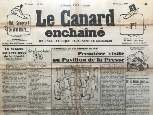 Couac ! | N° 1064 du Canard Enchaîné - 18 Novembre 1936 | Panorama de la Guerre d'Espagne, par Jean Galtier-Boissière - Depuis quatre mois, l'Espagne est plongée dans une guerre civile sanglante. Les journaux profascistes annoncent quotidiennement la chute imminente de Madrid, tandis que ceux de gauche espèrent la victoire des forces gouvernementales. Pour faire un point sur la situation, Galtier-Boissière clarifie les origines et la progression du conflit. Les atrocités de cette guerre civile ont été déclenchées par les réactionnaires à la suite de l'assassinat d'un leader politique de droite, tué en représailles du meurtre d'un officier républicain. Le général Franco a précipité son coup d'État contre le gouvernement républicain, mais sa tentative initiale a échoué grâce à la loyauté d'une partie de la flotte et de nombreuses garnisons. Franco a perdu la première manche mais ne s'est pas découragé. Soutenu par de riches capitalistes et armé par Mussolini et Hitler, il a utilisé ses troupes marocaines pour poursuivre son offensive. Le gouvernement républicain, trop confiant après avoir réprimé la rébellion initiale, n'a pas immédiatement décrété la mobilisation générale, ce qui a permis à Franco de gagner du terrain. Au début du conflit, de nombreuses églises ont été incendiées par les paysans, non par haine religieuse, mais pour détruire les anciens titres de propriété foncière souvent conservés dans ces bâtiments. Cette action faisait suite à la redistribution des terres par le gouvernement républicain, visant à abolir le système de grandes propriétés qui rappelait la Russie tsariste. Franco a pu rebondir grâce à la trahison de certaines parties de la flotte nationale qui ont transporté ses troupes marocaines sur le continent. Les républicains ont sous-estimé ce danger et, malgré une possible victoire rapide par une levée en masse, ont été trop lents à unir leurs forces diverses. Les premières forces républicaines, bien que courageuses, manquaient d'expérience militaire et d'organisation. Elles opéraient de manière désordonnée, comme les commandos boers, sans exploiter leurs succès. Ce n'est qu'après quatre mois de guerre que ces forces ont commencé à adopter une discipline nécessaire. Dans les faubourgs de Madrid, les républicains ont retrouvé leur tradition de guérilla, défendant leurs quartiers et leurs maisons avec acharnement, rappelant les communards français. Malgré les vicissitudes à venir, il y a un espoir renouvelé que le peuple espagnol pourra résister aux forces des généraux, des grands propriétaires, des trusts et des jésuites, et remporter la victoire. Galtier-Boissière termine en rappelant une réflexion d'un révolutionnaire russe authentique, soulignant que Lénine avait déclaré que la guerre civile devait émerger de la guerre impérialiste, mais il n'aurait jamais imaginé que d'une guerre civile, une nouvelle guerre impérialiste pourrait émerger. L'auteur met en garde contre une extension du conflit espagnol en une hécatombe européenne.   | 1064