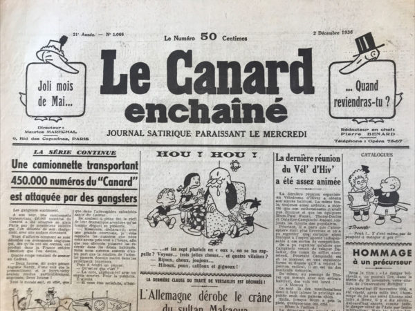 Couac ! | N° 1066 du Canard Enchaîné - 2 Décembre 1936 | Mort d'un Marchand de Mort, par Jean Galtier-Boissière -  L'article traite de la mort de Basil Zaharoff, décrit comme le plus grand marchand d'armes du monde, et critique sévèrement son rôle dans les conflits mondiaux. Basil Zaharoff, né en Asie-Mineure dans une famille pauvre, a commencé par des tâches modestes et moralement douteuses. Il a été impliqué dans divers commerces, mais son ascension véritable a commencé en 1877, grâce à l'introduction de son ami grec Skouloudis au fabricant d'armes Nordenfeldt. Il a rapidement démontré un talent exceptionnel pour les affaires et la manipulation des hommes, notamment en utilisant la corruption et ses charmes personnels. Le premier coup de maître de Zaharoff a été de vendre des sous-marins au gouvernement grec pour attaquer les Turcs, puis de vendre des sous-marins similaires aux Turcs pour se défendre des Grecs. Il a systématiquement vendu des armes à des pays ennemis, maximisant ainsi ses profits. Pendant la guerre sud-africaine, il a vendu des mitrailleuses et des canons à la fois aux Anglais et aux Boers. Pendant la Première Guerre mondiale, Zaharoff est devenu un personnage clé, contrôlant la production de munitions pour les armées alliées tout en étant soupçonné de fournir secrètement des armes aux Allemands. Il a acquis une immense fortune et un pouvoir colossal en contrôlant les principales usines de munitions européennes et américaines, s'assurant des profits peu importe l'issue des conflits. Zaharoff a réussi à maintenir une identité mystérieuse, étant simultanément citoyen britannique, français, et reconnu par plusieurs autres nations. Son influence et son pouvoir étaient tels qu'il vivait au-dessus des lois et était protégé par divers gouvernements. Malgré ses activités controversées, Zaharoff a cultivé une image de philanthrope en finançant des chaires universitaires et des œuvres caritatives. Cependant, Galtier-Boissière souligne que cette générosité représentait une fraction insignifiante de ses gains obtenus dans la violence et la mort, et critique la société pour son aveuglement face à sa véritable nature. Galtier-Boissière conclut en dénonçant l'hypocrisie de la société qui honore un homme responsable de millions de morts et de souffrances, tandis qu'elle punit sévèrement des criminels de moindre envergure. Zaharoff est présenté comme le symbole d'une société corrompue où l'argent règne en maître, et sa mort paisible, entourée d'honneurs, est vue comme une tragique ironie de la justice.   | 1066