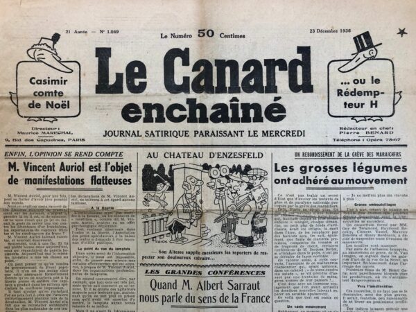 Couac ! | N° 1069 du Canard Enchaîné - 23 Décembre 1936 | Comment Jouer le Molière, par Jean Galtier-Boissière - L'article examine la renaissance des classiques de Molière au théâtre, illustrée par les productions récentes, et offre des réflexions sur l'interprétation de ses œuvres. Louis Jouvet a donné un nouvel élan à "L'École des Femmes" en traitant la pièce comme une œuvre nouvelle, sans s’appuyer sur les traditions établies. Jouvet a revu les âges des personnages : - **Agnes** : 15 ans - **Horace** : 20 ans - **Arnolphe** : 43 ans Cette approche a révélé la véritable dynamique de la pièce, mettant en lumière la rivalité entre générations plutôt qu'un simple conflit de désir entre un vieillard et une jeune fille. L'Interprétation de « Le Misanthrope »: La mise en scène de Jacques Copeau au Théâtre-Français remet en question les interprétations traditionnelles des personnages principaux, Célimène et Alceste. **Célimène** : - Elle est une jeune veuve de vingt ans, mêlant innocence et sophistication. Le dilemme réside dans le choix d'une actrice qui peut équilibrer ces traits opposés, sans tomber dans l'excès de l'un ou de l'autre. **Alceste** : - Historiquement interprété de manière trop sérieuse, Alceste est en réalité un personnage comique. Galtier-Boissière argue que ses contradictions et son comportement dans la société devraient faire rire le public. Galtier-Boissière critique l'approche qui voit le fond tragique des comédies de Molière comme dominant l'œuvre. Bien que Molière puisse avoir mis de sa propre désillusion dans ses personnages, il faut se rappeler que ses pièces sont avant tout des comédies. Alceste, par exemple, est présenté comme ridicule par son incapacité à s'adapter aux conventions sociales, même s'il incarne quelques vérités amères sur l'hypocrisie humaine. Le défi dans l'interprétation de Molière réside dans l'équilibre entre le comique et les vérités humaines qu'il véhicule. Les personnages comme Alceste, bien que basés sur des aspects de la réalité, doivent être joués avec une touche qui provoque le rire, tout en gardant une certaine sympathie pour leurs traits humains. Jouvet et Copeau, par leurs mises en scène, tentent de rendre ces œuvres classiques pertinentes et vivantes pour les spectateurs modernes. | 1069 1