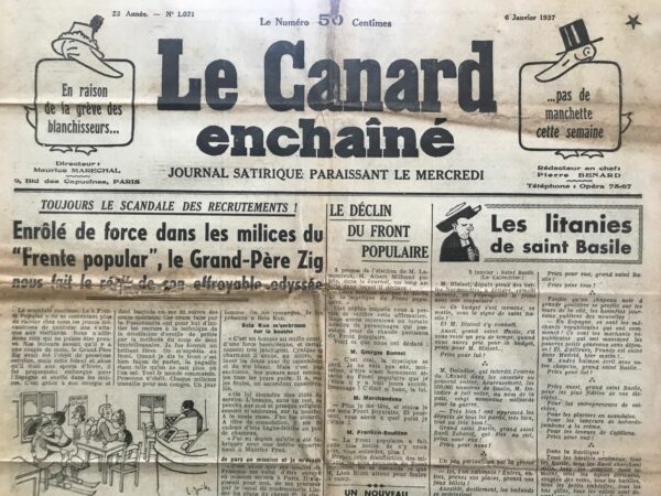 Couac ! | N° 1071 du Canard Enchaîné - 6 Janvier 1937 | Crocodiles de Presse, par Jean Galtier-Boissière - L'article de Jean Galtier-Boissière examine la mort tragique de Louis Delaprée, journaliste de **Paris-Soir**, en accusant son journal de manipuler et censurer ses dépêches. Cette situation illustre les problèmes systémiques de la grande presse, où les intérêts financiers et politiques dominent l'information. Delaprée, écœuré par la censure de ses rapports sur la guerre civile espagnole, révèle la difficulté des reporters à trouver des journaux véritablement indépendants. Les grands journaux, possédés par des magnats comme Jean Prouvost, imposent des consignes similaires et ont les moyens de payer des correspondants, rendant presque impossible pour les journalistes de contourner ces restrictions. Prouvost, initialement un industriel, a réussi avec **Paris-Soir** en transformant le journalisme en un produit de masse, exploitant les faits divers et les scandales pour attirer un large public. Sa stratégie commerciale a fait de **Paris-Soir** un succès monumental, dépassant la simple couverture de l'actualité pour devenir un produit diffusé dans toute la France, en matinée pour Paris et le lendemain pour la province. Prouvost, élargissant son empire médiatique, a acquis **L'Intransigeant**, **Candide**, et d'autres titres, tout en préparant le lancement d'un grand journal féminin en couleur. Malgré sa façade de neutralité politique, **Paris-Soir** demeure sous l'influence de la droite, dirigée par le colonel Fabry, tout en préparant potentiellement un journal « de gauche » pour diversifier son influence. Galtier-Boissière critique les magnats de la presse qui manipulent l'opinion publique à des fins personnelles, comparant subtilement leur méthode à celle des régimes totalitaires, mais avec une apparente diversité et liberté de ton. Il prédit une concurrence féroce entre ces grands groupes de presse, où les intérêts financiers priment sur la vérité journalistique. En conclusion, la mort de Delaprée et la manipulation de l'information par les grands groupes de presse révèlent le cynisme et la brutalité de ce milieu. Pour les magnats de la presse, les vies et les opinions des journalistes indépendants comptent peu face à leurs ambitions économiques et politiques.   | 1071