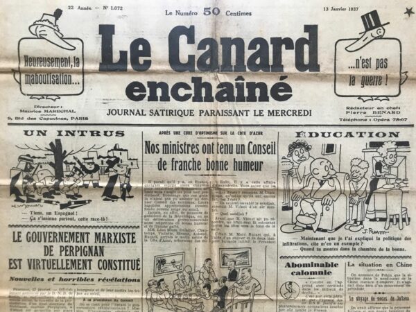 Couac ! | N° 1072 du Canard Enchaîné - 13 Janvier 1937 | L’OBÈSE MONDAIN, par Jean Galtier-Boissière - Il brosse le portrait ironique d'Henri Béraud, écrivain, journaliste et polémiste français qui, malgré ses origines modestes et son style de vie bohème, nourrit secrètement des aspirations à être accepté dans les cercles mondains et huppés de la société parisienne. Béraud, décrit comme un homme jovial et truculent, est présenté comme un personnage haut en couleur, à la fois critique acerbe des élites et désireux de s'intégrer à leur monde. Son obsession pour les apparences et son désir d'être "reçu" dans la haute société transparaissent dans ses efforts pour adopter les codes vestimentaires et les manières des dandys parisiens. Cependant, ses tentatives sont souvent maladroites et se soldent par des situations embarrassantes, comme lorsqu'il est le seul à porter un smoking lors d'un dîner de gala. Galtier-Boissière souligne l'ironie de cette quête d'acceptation sociale pour un homme qui se présente comme un défenseur du peuple et un pourfendeur des élites. Béraud semble être aveuglé par son désir de reconnaissance et de statut, au point de compromettre ses valeurs et ses principes. Cette critique subtile met en lumière les contradictions et les faiblesses de Béraud, tout en offrant une réflexion sur la nature de l'ambition sociale et ses implications. L'article se termine sur une note sombre, évoquant la trahison et la déchéance de Béraud alors qu'il abandonne ses idéaux pour satisfaire les attentes de la haute société. Cette chute symbolise la perte de l'intégrité et de l'authenticité de l'homme en quête désespérée de reconnaissance sociale, soulignant les dangers de l'ambition non maîtrisée et de la quête vaine de prestige. | 1072