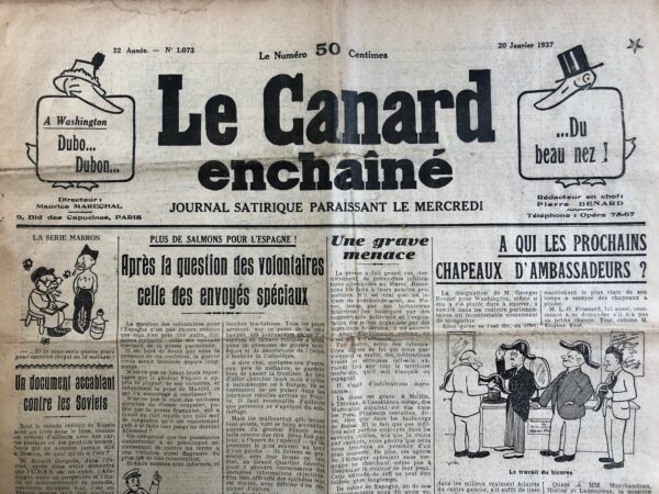 Couac ! | N° 1073 du Canard Enchaîné - 20 Janvier 1937 | Dans cet article de Jean Galtier-Boissière, une comédie satirique d'un dramaturge écossais, O.E. Corris, intitulée « Sac au dos », est présentée. La pièce se déroule dans un studio radiophonique de l'État fictif de Disneyana, dirigé par le dictateur Fanacci. Le pays est au bord de la guerre avec Lilliput à cause d'une querelle absurde sur la moustache d'un ministre. Fanacci réunit divers représentants de la société : un archevêque, un magnat de la presse, un chef syndical, une activiste anti-guerre, un banquier et un industriel. Tous finissent par soutenir la guerre après avoir été manipulés par Vester, le représentant des industries métallurgiques, qui démontre que l'argent et le pouvoir contrôlent la politique, les médias, l'économie et même l'Église. Vester menace de fermer les usines et promet des avantages personnels pour obtenir le soutien de chacun. La pièce culmine avec Fanacci, annonçant que seuls les hommes de plus de cinquante ans et ceux gagnant plus de cinq cents livres devront aller à la guerre. Cette décision vise à révéler l'hypocrisie des élites qui poussent les autres à se sacrifier sans jamais prendre de risques eux-mêmes. Bien que cette fin soit jugée légèrement bouffonne, elle souligne l'absurdité et la corruption des décideurs. La pièce est recommandée pour sa dénonciation incisive des liens entre l'argent, les pouvoirs spirituels et politiques, et la manipulation des masses pour servir les intérêts des puissants sous le prétexte de l'union sacrée en temps de guerre. Elle rappelle l'humour caustique de Bernard Shaw et l'irrévérence d'Alfred Jarry, offrant une critique acerbe des mécanismes de pouvoir. | 1073 1