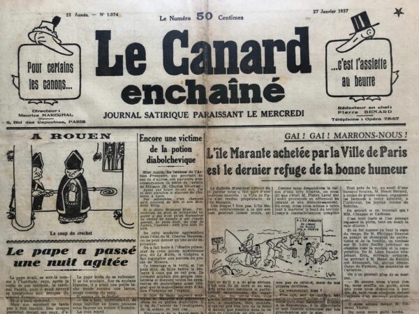 Couac ! | N° 1074 du Canard Enchaîné - 27 Janvier 1937 | Jean Galtier-Boissière, dans cet article Le journal à dix sous, explore les défis économiques et éthiques de la presse à l'aube d'une augmentation imminente du prix des journaux. Il commence par rappeler l'innovation d'Émile de Girardin au XIXe siècle, qui transforma la presse avec la vente au numéro à bas prix, remplaçant le système d'abonnement onéreux. Girardin introduisit la publicité comme principale source de revenus pour compenser la vente à perte des journaux, mais cette dépendance accrue à la publicité commerciale mena à la vénalité et aux pratiques douteuses telles que les annonces déguisées et les subventions occultes. Aujourd'hui, avec la crise économique réduisant les budgets publicitaires et l'augmentation des coûts de production, les journaux se voient contraints d'augmenter leurs prix de vente. Cela pose un problème particulièrement aigu pour les journaux d'opinion qui, avec moins de pages que les grands journaux illustrés d'information, risquent de perdre des lecteurs en raison de la capacité d'achat limitée du public. Les journaux d'opinion, soutenus par des militants, ont déjà une existence précaire et pourraient être encore plus marginalisés. Pour remédier à cette situation, des syndicats de la presse d'opinion et de la presse départementale proposent une tarification proportionnelle au nombre de pages et à la surface imprimée, excluant la publicité. Cela permettrait aux petits journaux de maintenir des prix plus bas, assurant ainsi leur survie face aux géants de la presse d'affaires. Une mesure similaire avait été adoptée pendant la guerre pour pallier la rareté du papier. Galtier-Boissière conclut en s'interrogeant sur la faisabilité de cette proposition, questionnant si les grands journaux accepteront cette régulation nécessaire pour préserver la diversité de la presse et la liberté de pensée. | 1074 1