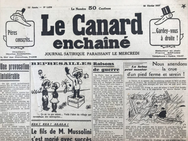 Couac ! | N° 1076 du Canard Enchaîné - 10 Février 1937 | 6-12 FÉVRIER ET LA SUITE..., par Jean Galtier-Boissière - JGB aborde les événements du 6 février, une date marquante de l'histoire politique française. Il met en lumière les diverses interprétations et manipulations qui entourent cet événement. Tout d'abord, il souligne la façon dont certains politiciens et écrivains tentent de réécrire l'histoire en manipulant les faits pour servir leurs intérêts. Par exemple, le colonel de La Roque et d'autres figures politiques tentent de tirer avantage de la confusion qui règne autour du 6 février pour promouvoir leurs propres agendas politiques. Ensuite, le texte met en lumière la confusion et la violence qui ont caractérisé cette journée, avec des manifestations qui ont dégénéré en émeutes meurtrières. Il critique également le gouvernement de l'époque pour son incapacité à contrôler la situation et à prévenir les violences. Par ailleurs, le texte souligne les manipulations de la presse et des médias, qui ont contribué à exacerber les tensions et à diaboliser certains acteurs politiques. Il met en évidence le rôle de certains journaux, tels que Gringoire et L'Écho de Paris, dans la promotion de la thèse du "guet-apens" et la diabolisation de certains groupes politiques. Enfin, le texte met en lumière les divisions au sein de la société française autour de l'interprétation du 6 février. Certains voient cette journée comme une tentative de coup d'État de la part des forces réactionnaires, tandis que d'autres la perçoivent comme une manifestation légitime contre un gouvernement corrompu. Ces divergences d'opinions alimentent des débats politiques passionnés et contribuent à façonner la mémoire collective de cet événement. En somme, le texte souligne la complexité et la confusion qui entourent le 6 février, ainsi que les diverses interprétations politiques et médiatiques qui en découlent. | 1076