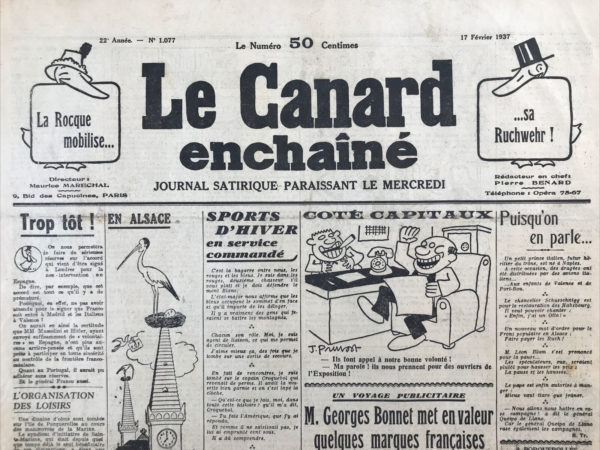 Couac ! | N° 1077 du Canard Enchaîné - 17 Février 1937 | Dans l’article **Refus d’obéissance** publié le 17 février 1937 dans Le Canard Enchaîné, Jean Galtier-Boissière commente une déclaration poignante de Jean Giono sur l'absurdité de la guerre. Giono, marqué à jamais par son expérience de soldat pendant la Première Guerre mondiale, refuse d'oublier les horreurs du conflit, contrairement à beaucoup de ses contemporains. Giono se distingue des vétérans glorifiant leurs médailles. Ayant servi dans l'infanterie, il compare sa compagnie à un boisseau de blé continuellement vidé et rempli de nouveaux hommes envoyés à la mort. À vingt ans, influencé par des professeurs et des écrivains patriotiques, il s'est jeté dans la guerre, mais en est sorti déterminé à se souvenir et à lutter contre la répétition de tels massacres. Giono critique sévèrement l’obéissance aveugle qui pousse d’anciens pacifistes à accepter de nouvelles guerres sous prétexte de protéger les générations futures. Il rejette cette justification, soulignant que les sacrifices demandés au nom de l’avenir sont souvent vains et manipulatifs. Giono prône la méfiance envers les bâtisseurs d'avenir qui nécessitent le sacrifice des vivants pour des promesses incertaines. Galtier-Boissière partage l'inquiétude de Giono face à la préparation psychologique qui pousse les masses à accepter la guerre. Il évoque une expérience personnelle lors d'un meeting pour la paix, où, malgré des discours pacifistes initiaux, l'assemblée fut finalement conduite à un appel aux armes. Cette contradiction révèle la complexité des opinions et la facilité avec laquelle les masses peuvent être manipulées. Ce récit met en lumière l'importance de la vigilance face aux discours bellicistes et aux justifications fallacieuses de la guerre. Galtier-Boissière conclut en soulignant la nécessité de résister aux pièges tendus par ceux qui cherchent à provoquer des conflits, qu'ils soient motivés par des intérêts économiques, idéologiques ou politiques. | 1077