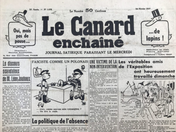 Couac ! | N° 1078 du Canard Enchaîné - 24 Février 1937 | Dans Une féerie chez Molière, publié le 24 février 1937 dans Le Canard Enchaîné, Jean Galtier-Boissière défend l'originalité et l'audace de la nouvelle mise en scène de **L'Illusion comique** de Corneille au Théâtre-Français. Cette adaptation, dirigée par Louis Jouvet et parée des décors inventifs de Christian Bérard, a provoqué des réactions mitigées parmi les abonnés et les critiques traditionalistes. Galtier-Boissière commence par critiquer les défenseurs des traditions théâtrales, soulignant que ces dernières sont souvent des ajouts postérieurs à la création originale, plutôt que des éléments authentiques. Il s'en prend notamment à Alain Laubreaux, critique pour **Je suis partout**, qui dénonce les initiatives de Jouvet, Copeau et Baty comme étant dénaturantes et insensées. Galtier-Boissière réfute ces critiques en rappelant que les comédies bouffes et les ballets du XVIIe siècle, auxquels Corneille et Molière participaient, utilisaient déjà des machineries sophistiquées et des éléments spectaculaires similaires à ceux utilisés par Jouvet. Il défend la mise en scène moderne de Jouvet, arguant que le burlesque et la fantaisie de **L'Illusion comique** sont en parfaite harmonie avec une présentation innovante. Toutefois, il émet une réserve sur le choix de l'acteur pour le rôle de Matamore, suggérant que le burlesque n'a pas été suffisamment accentué. Galtier-Boissière expose deux méthodes pour présenter les classiques au théâtre : une reconstitution fidèle à l'époque ou une interprétation moderne qui respecte l'esprit de l'œuvre tout en l'adaptant aux goûts contemporains. Jouvet, selon lui, a brillamment opté pour cette dernière approche, en intégrant des éléments visuels et décoratifs contemporains pour revitaliser la pièce. En conclusion, Galtier-Boissière rejette les critiques conservatrices et soutient que la modernisation des classiques est non seulement valide, mais nécessaire pour éviter les représentations stériles et obsolètes. Il souligne que les véritables traditions théâtrales devraient évoluer et que l'important est de préserver le rayonnement des œuvres, même au prix de modifications audacieuses. | 1078