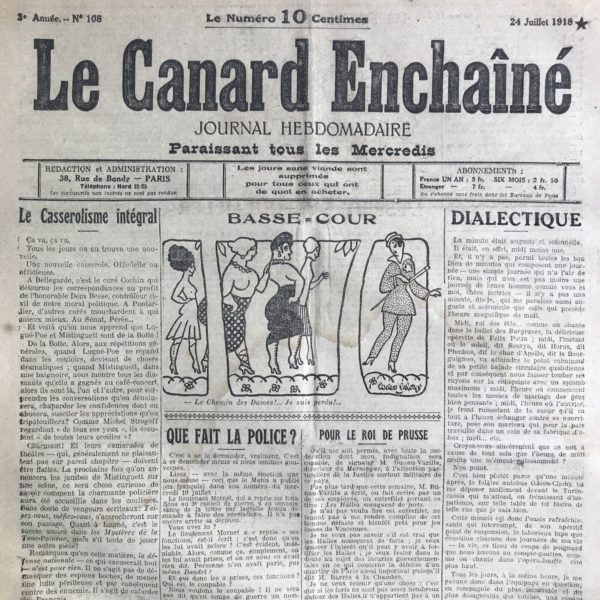 Couac ! | N° 108 du Canard Enchaîné - 24 Juillet 1918 | Nos Exemplaires du Canard Enchaîné sont archivés dans de bonnes conditions de conservation (obscurité, hygrométrie maitrisée et faible température), ce qui s'avère indispensable pour des journaux anciens. | 108