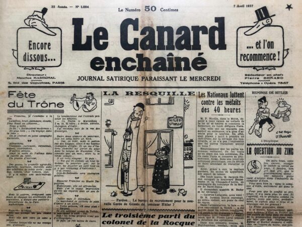 Couac ! | N° 1084 du Canard Enchaîné - 7 Avril 1937 | L’article de Jean Galtier-Boissière, publié le 7 avril 1937 dans "Le Canard Enchaîné", Un revenant: Ludendorff, retrace le parcours d’Erich Ludendorff, un général allemand influent durant la Première Guerre mondiale, et sa réapparition sur la scène politique allemande. En 1918, bien que promis à une punition exemplaire par les Alliés, Ludendorff a échappé à toute condamnation et, près de vingt ans plus tard, il revient au premier plan, réconcilié avec Adolf Hitler. Ludendorff, initialement un simple général de brigade, s'est distingué par sa bravoure lors de l’attaque des forts de Liège et, plus tard, en tant que chef d'état-major en Prusse Orientale où il a joué un rôle clé dans la victoire de Tannenberg. En 1916, il devient le quartier-maître général sous Hindenburg et dirige les opérations majeures, y compris l'invasion de la Roumanie et la guerre sous-marine qui faillit mettre les Alliés à genoux. Cependant, malgré ses succès initiaux, Ludendorff ne parvient pas à percer le front français lors de la dernière offensive allemande en 1918, et il finit par quitter son poste avant l'armistice. Après la guerre, Ludendorff diffuse la thèse de la "dague dans le dos", blâmant la défaite allemande sur les socialistes et les Juifs, et conspirant contre la République de Weimar. Bien qu'il ait nié toute connexion avec Hitler en 1923, Ludendorff participe au putsch de Munich aux côtés d’Hitler, mais leur relation se détériore rapidement après l'échec de ce coup d’État. Ludendorff, fervent antisémite et anticatholique, partageait plusieurs points de vue avec l’idéologie nazie, bien que des désaccords personnels avec Hitler aient conduit à une longue brouille. Leur réconciliation en 1937 est perçue comme un tournant potentiellement décisif pour l'Allemagne nazie, notamment en raison de l'influence politique et militaire que Ludendorff pourrait exercer. Galtier-Boissière souligne que Ludendorff, hostile à l’Italie et favorable à une alliance militaire avec la Russie, pourrait influencer la politique étrangère allemande de manière significative. Cet article met en lumière la complexité des alliances et des rivalités au sein du pouvoir nazi, ainsi que les implications potentielles pour l'Europe. La réapparition de Ludendorff aux côtés d’Hitler illustre les dynamiques de pouvoir et les jeux d’influence qui marquent la période pré-Seconde Guerre mondiale. | 1084 1