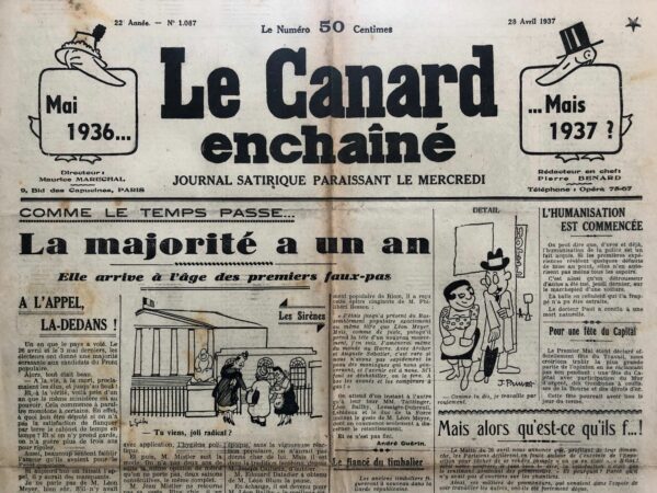 Couac ! | N° 1087 du Canard Enchaîné - 28 Avril 1937 | GLOIRE AUX MOUCHARDES ! Dans cet article intitulé "Gloire aux Mouchardes !", publié le 28 avril 1937 dans Le Canard Enchaîné, Jean Galtier-Boissière critique vivement la représentation cinématographique des espionnes, qu'il considère comme une glorification injustifiée et hypocrite. L'auteur commence par partager son expérience récente au cinéma, où il a constaté une prépondérance de films mettant en scène des héroïnes espionnes, chacune réussissant sa mission grâce à la naïveté de leurs cibles masculines. Galtier-Boissière se moque de la manière dont ces films présentent les espionnes comme des jeunes filles vertueuses et pures, qui utilisent leur charme pour obtenir des informations cruciales sans jamais compromettre leur innocence. Cette image édulcorée permet au public bien-pensant de les applaudir sans réserve, malgré la réalité beaucoup plus sordide et compromettante de l'espionnage, où la séduction va souvent de pair avec la trahison intime. L'auteur rappelle une anecdote révélatrice sur une véritable espionne qui avait détaillé dans un journal sa première mission de séduction en Espagne. Cette confession intime, empreinte de patriotisme hypocrite, avait suscité un tel dégoût qu'elle fut retirée de l'édition en volume. Galtier-Boissière souligne ici l'hypocrisie des récits héroïques qui masquent la véritable nature dégradante de l'espionnage. Il critique également le mythe de l'espion héroïque et pur, affirmant que la duplicité et le mensonge sont intrinsèques à cette activité. L'espionnage, selon lui, ne justifie pas l'admiration ou la glorification, car il repose sur des pratiques honteuses et souvent immorales. Galtier-Boissière remet en question l'efficacité et l'importance réelle des espions pendant la Première Guerre mondiale, soulignant que les soi-disant milliers d'agents allemands en France n'ont pas réussi à perturber la mobilisation française, à informer sur les mutineries de 1917, ou à prévenir l'irruption des tanks britanniques en 1916. Il critique également les exagérations patriotiques et les mythes entretenus par certains pour justifier leur rôle dans l'espionnage. L'auteur termine son article en dénonçant le film ultra-patriotique présenté à Paris par un certain Hakim, qui attribue la victoire de la guerre à Marthe Richard. Galtier-Boissière voit dans ce film une insulte à l'intelligence du public, soulignant l'absurdité de telles glorifications. En conclusion, Galtier-Boissière utilise cet article pour démystifier la figure de l'espionne héroïque telle que représentée au cinéma et dans la propagande, dénonçant l'hypocrisie et les illusions qui entourent cette image. | 1087 1