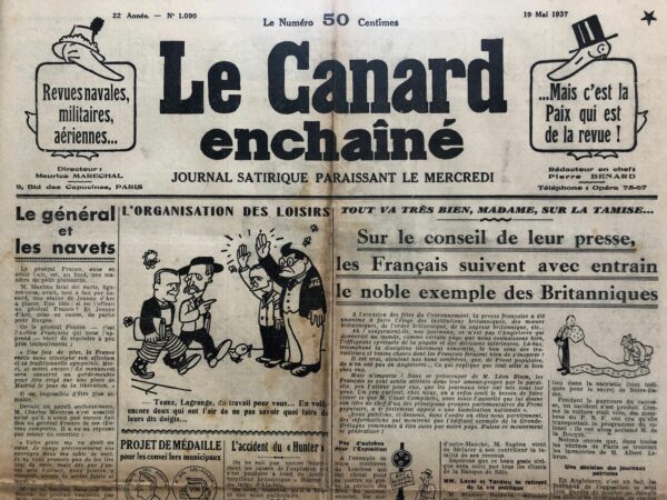 Couac ! | N° 1090 du Canard Enchaîné - 19 Mai 1937 | LES DESSOUS DE LA GUERRE D'ESPAGNE - Dans son article "Les dessous de la guerre d'Espagne" publié le 19 mai 1937 dans *Le Canard Enchaîné*, Jean Galtier-Boissière explore les diverses forces en jeu dans le conflit espagnol et les intérêts économiques sous-jacents qui motivent les actions des différentes factions et de leurs soutiens internationaux. Galtier-Boissière commence par présenter la guerre d'Espagne comme une lutte entre un gouvernement républicain légitimement élu et une faction réactionnaire déterminée à maintenir des privilèges moyenâgeux. Toutefois, il souligne que les forces au sein des deux camps sont loin d'être homogènes. Chez les partisans de Franco, les carlistes et les phalangistes ont des visions politiques diamétralement opposées, les premiers étant des royalistes ultraréactionnaires tandis que les seconds prônent une refonte sociale à la manière du corporatisme mussolinien. Ces tensions internes rendent l'unité fragile. Du côté républicain, l'alliance est également complexe et fragile. En dehors des Basques catholiques cherchant leur autonomie, anarchistes, socialistes et communistes cohabitent difficilement. Galtier-Boissière note l'influence croissante du communisme stalinien, surtout après l'aide militaire fournie par Moscou, ce qui pose un dilemme aux anarchistes, traditionnellement opposés à l'autoritarisme communiste. Le conflit est exacerbé par la présence de forces étrangères des deux côtés. Les républicains bénéficient de volontaires antifascistes internationaux, tandis que Franco est soutenu par des mercenaires rifains, des troupes italiennes et des spécialistes allemands. Ces interventions étrangères ajoutent une dimension internationale au conflit. Galtier-Boissière met en lumière l'importance des intérêts économiques dans le déclenchement et le prolongement de la guerre. Il explique que le sous-sol espagnol, riche en minerais (mercure, fer, plomb, cuivre, étain, manganèse), est un enjeu majeur. La réforme agraire initiée par le gouvernement républicain menaçait de nationaliser ces ressources, ce qui a effrayé les magnats espagnols et leurs homologues étrangers, notamment en Angleterre et en France. Cette crainte a précipité le soutien financier et logistique à Franco de la part de capitalistes espagnols et de riches émigrés. La guerre a aussi été facilitée par Mussolini et Hitler, qui ont fourni armes et troupes à Franco en échange de ressources minières à bas prix. Galtier-Boissière affirme que ce soutien avait un but précis : garantir les matières premières nécessaires à l'industrie militaire italienne et allemande. Le journaliste souligne également l'hypocrisie des justifications idéologiques de la guerre, telles que la défense de l'Europe contre le bolchevisme. En réalité, selon Galtier-Boissière, la guerre est en grande partie une lutte pour le contrôle des matières premières. Cette situation commence même à inquiéter les grands capitalistes anglais et français, qui craignent que leurs investissements en Espagne ne soient menacés par les coûts croissants du conflit. En conclusion, Galtier-Boissière cyniquement observe que, malgré les massacres et les destructions, les financiers internationaux finiront par s'entendre pour reconstruire l'Espagne dévastée, partageant les bénéfices au détriment du peuple espagnol. L'article critique donc non seulement les motivations idéologiques et politiques derrière la guerre, mais aussi les motivations économiques et les cynismes des élites financières internationales. | 1090 2