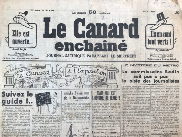 Couac ! | N° 1091 du Canard Enchaîné - 26 Mai 1937 | HOMMAGE À FRANÇOIS MAURIAC - Dans l'article "Hommage à François Mauriac" publié le 26 mai 1937 dans *Le Canard Enchaîné*, Jean Galtier-Boissière célèbre l'intégrité et le courage moral de l'écrivain catholique François Mauriac, qui n'a pas hésité à prendre position contre les injustices, malgré les risques de controverses et d'opposition de son propre milieu. Écrivains et Politique Galtier-Boissière commence par observer que de plus en plus d'écrivains abandonnent leur "tour d'ivoire" pour s'engager dans la bataille politique. Il cite de nombreux exemples d'auteurs qui ont pris parti, souvent avec ferveur, des deux côtés du spectre politique : Martin-Chauffier s'est converti en polémiste du Front populaire, Jules Romains rédige des articles politiques, et d'autres comme Paul Morand, Drieu La Rochelle et Romain Rolland se sont affiliés à divers mouvements extrêmes. Le Courage de Dire la Vérité L'auteur remet en question l'idée que s'engager politiquement représente toujours un acte de courage. Il argue que le véritable courage pour un écrivain réside dans la détermination de dire la vérité, même si cela heurte les opinions et les sentiments de son propre camp. Ce courage consiste à s'opposer à ses soutiens lorsque la conscience l'exige. Le Cas de François Mauriac François Mauriac est présenté comme un exemple éclatant de cet authentique courage. Galtier-Boissière souligne trois occasions où Mauriac a risqué son prestige pour défendre la vérité et la justice : 1. **Contre l'Agression en Abyssinie** : Mauriac a dénoncé la politique agressive de Mussolini en Abyssinie, protestant contre l'utilisation d'armes chimiques et le massacre des populations locales, malgré le soutien ouvert de certains journaux français à cette agression. 2. **Massacre de Badajoz** : Il a condamné les massacres perpétrés par les troupes de Franco, en particulier l'horreur du massacre des défenseurs de Badajoz, encore une fois dans un contexte où beaucoup de ses collègues catholiques et bien-pensants soutenaient le camp franquiste. 3. **Destruction de Guernica** : Lorsque Guernica a été détruite par les bombardements nazis, Mauriac a signé un manifeste dénonçant cette atrocité, bien que cela l'exposait aux critiques et à l'ostracisme de ses lecteurs et confrères de droite. Galtier-Boissière conclut en rendant hommage à la bravoure et à l'intégrité de Mauriac, soulignant qu'un tel courage est rare, surtout parmi les académiciens. Il admire la capacité de Mauriac à dépasser les stratégies littéraires et mondaines pour défendre des valeurs humaines et chrétiennes fondamentales, malgré les conséquences personnelles. Cet hommage met en avant l'importance de la vérité et de la justice pour les écrivains, et l'exemple de François Mauriac démontre comment la littérature peut devenir une force morale dans des temps troublés. | 1091