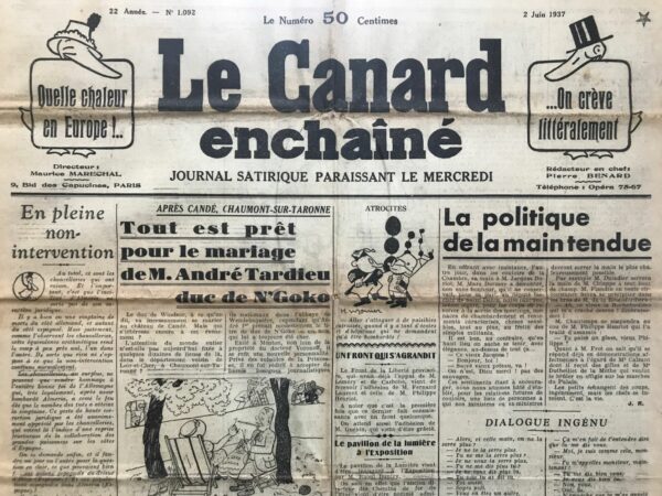 Couac ! | N° 1092 du Canard Enchaîné - 2 Juin 1937 | Dans "Méthodes d'éducation de l'adjudant Flick," publié le 2 juin 1937 dans *Le Canard Enchaîné*, Jean Galtier-Boissière critique les idées éducatives et politiques de Maxime Weygand, ancien général français, en soulignant son admiration pour les régimes fascistes et son mépris pour l'enseignement laïc. Galtier-Boissière commence par décrire les occupations de Weygand depuis sa mise à la retraite. En tant que membre de l'Académie française et administrateur de la Compagnie du Canal de Suez, Weygand jouit d'une vie relativement tranquille et bien rémunérée, avec peu de responsabilités. Dans son temps libre, Weygand se consacre à la rédaction de préfaces et d'ouvrages originaux, notamment une plaquette sur l'éducation des jeunes garçons. Weygand déplore la diminution de l'influence religieuse dans l'éducation et loue les régimes totalitaires pour leur approche militaire de l'éducation des jeunes. Il admire particulièrement les méthodes de l'Allemagne nazie, de l'Union soviétique et de l'Italie fasciste, où la jeunesse est formée militairement dès le plus jeune âge. Weygand considère ces régimes comme des modèles à suivre pour la France, voyant dans la discipline militaire et l'embrigadement de la jeunesse un moyen de renforcer la nation. Galtier-Boissière critique sévèrement cette vision, soulignant les dangers d'un tel endoctrinement. Il cite l'indignation de Weygand face à l'ordre du jour de 1935 du Syndicat national des Instituteurs, qui prônait des réformes radicales et la prise du pouvoir par les travailleurs. Weygand voit dans ces idées la fin de l'ordre établi et des privilèges des élites. Enfin, Galtier-Boissière expose les solutions proposées par Weygand : la suppression de l'enseignement laïc, le retour des jésuites et l'instruction militaire obligatoire dès la petite enfance. Il conclut en dénonçant cette vision réactionnaire et autoritaire de l'éducation, qui vise à créer une jeunesse docile et soumise, prête à servir les intérêts des élites militarisées et financières. | 1092