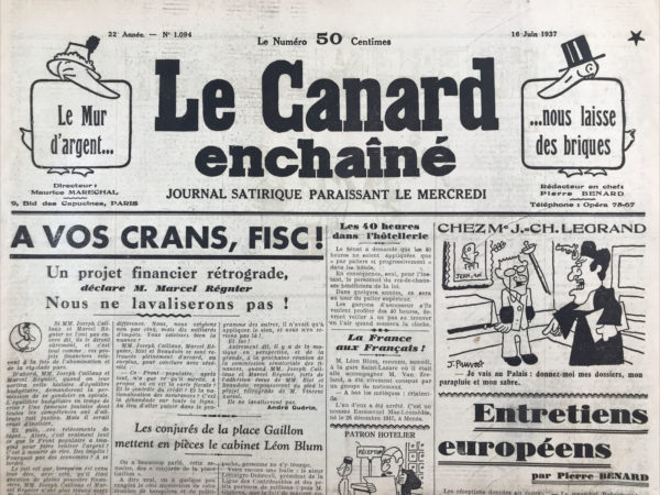 Couac ! | N° 1094 du Canard Enchaîné - 16 Juin 1937 | Jean Galtier-Boissière, dans son article "Bourrages de crânes" publié le 16 juin 1937 dans *Le Canard Enchaîné*, critique la presse de l'époque pour sa diffusion de fausses nouvelles et de propagande, en particulier en ce qui concerne la guerre civile espagnole. Il fait référence à une brochure de Pierre Gérôme intitulée *La Presse et Franco*, qui expose les mensonges répandus par les médias au sujet du conflit. Galtier-Boissière observe que la grande presse, y compris les journaux de droite, a soutenu les généraux factieux dès le début, au détriment du gouvernement légitime espagnol. Il note la disparition du grand quotidien apolitique, remplacé par des journaux de stricte « information » qui véhiculent des nouvelles biaisées. Il énumère chronologiquement les fausses nouvelles sur la prise de Madrid, comparant ces rapports erronés à ceux de la prise de Moscou par les Russes blancs, annoncée à plusieurs reprises par le journal *Le Matin* de 1919 à 1921. Il critique le vocabulaire des journalistes, qui utilisent des termes tels que « la civilisation » pour justifier les actions de Franco et dépeindre le camp adverse comme barbare. Galtier-Boissière souligne l'ironie de certains articles qui louent la magnanimité de Franco, comme ceux publiés dans *Le Temps* ou écrits par des auteurs comme M. Gerville-Réache et André Salmon. Il évoque les excuses de Franco et de ses partisans pour les bombardements de Madrid, qui, selon eux, étaient une mesure humanitaire pour accélérer la fin du siège. Le sommet de l'ignominie de la presse de droite française est atteint lors des massacres de Durango et de Guernica. Pierre Gérôme accuse ces journalistes de mentir, de fabriquer des nouvelles, de tromper leurs lecteurs, et de soutenir les généraux factieux qui utilisent des mercenaires étrangers contre leur propre peuple. Galtier-Boissière note que cette étude de la presse française pourrait être étendue à d'autres pays pour mieux comprendre les réactions internationales aux événements de la guerre civile espagnole. Il s'interroge particulièrement sur la presse allemande, qui critiquait l'utilisation de troupes coloniales par la France mais soutenait Franco, qui employait des mercenaires marocains. En conclusion, Galtier-Boissière exprime sa désillusion face à une presse complice des atrocités et trahisons, jugée sévèrement pour son rôle dans la désinformation et la propagande pendant la guerre civile espagnole. | 1094